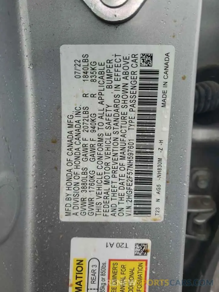 12 Photograph of a damaged car 2HGFE2F57NH597601 HONDA CIVIC 2022