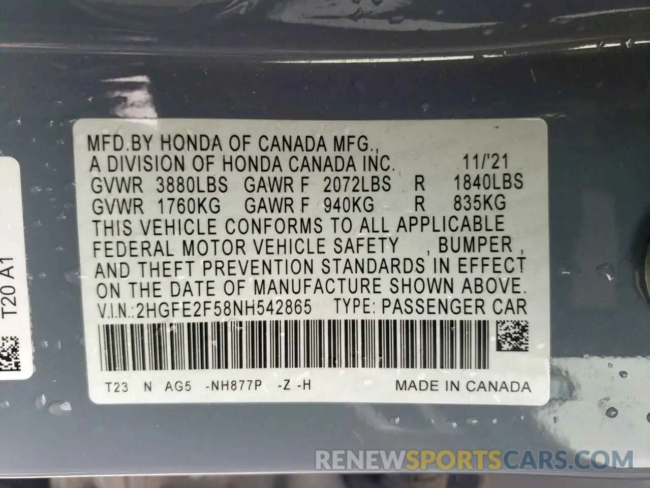 12 Photograph of a damaged car 2HGFE2F58NH542865 HONDA CIVIC 2022