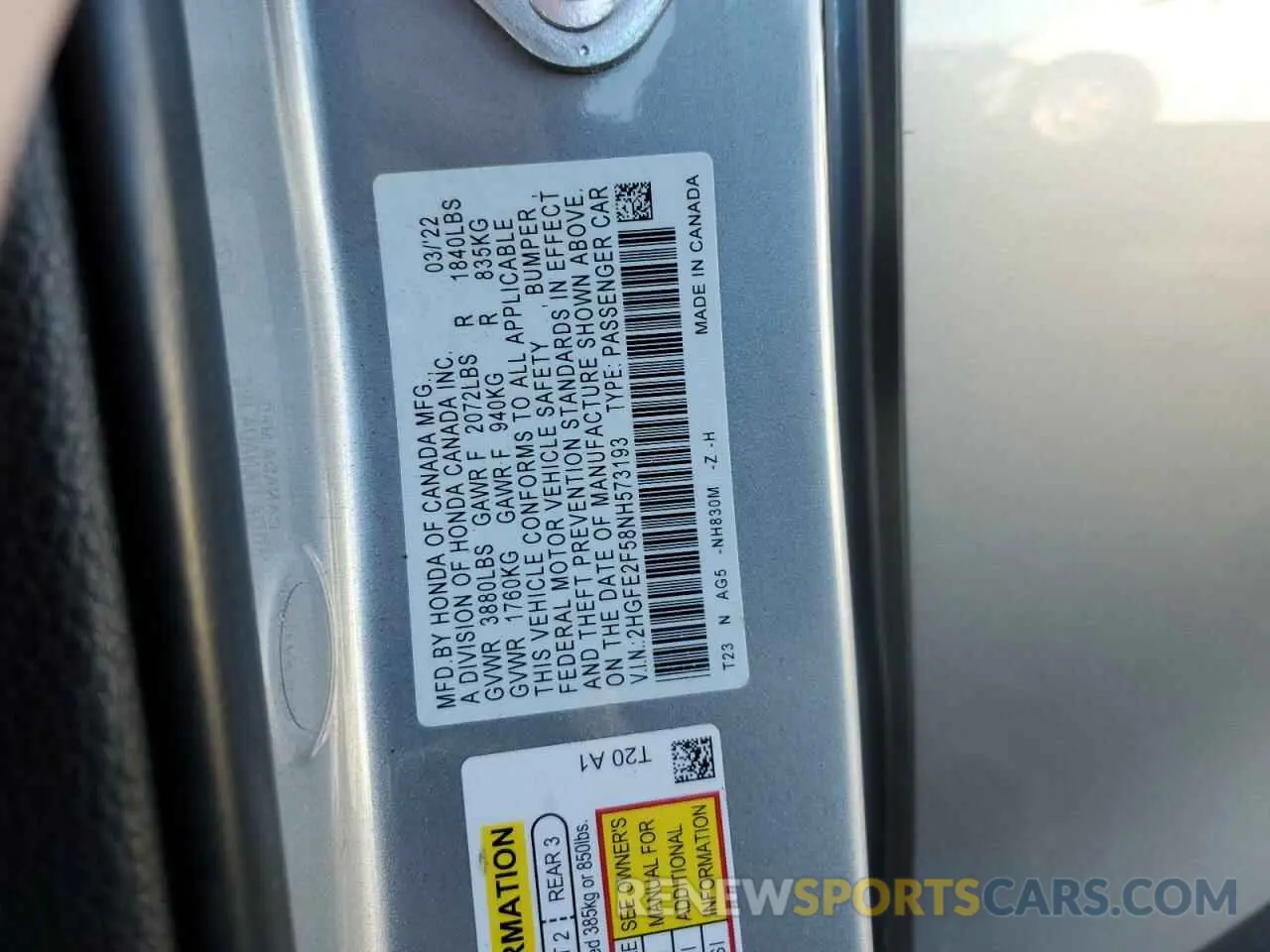 12 Photograph of a damaged car 2HGFE2F58NH573193 HONDA CIVIC 2022