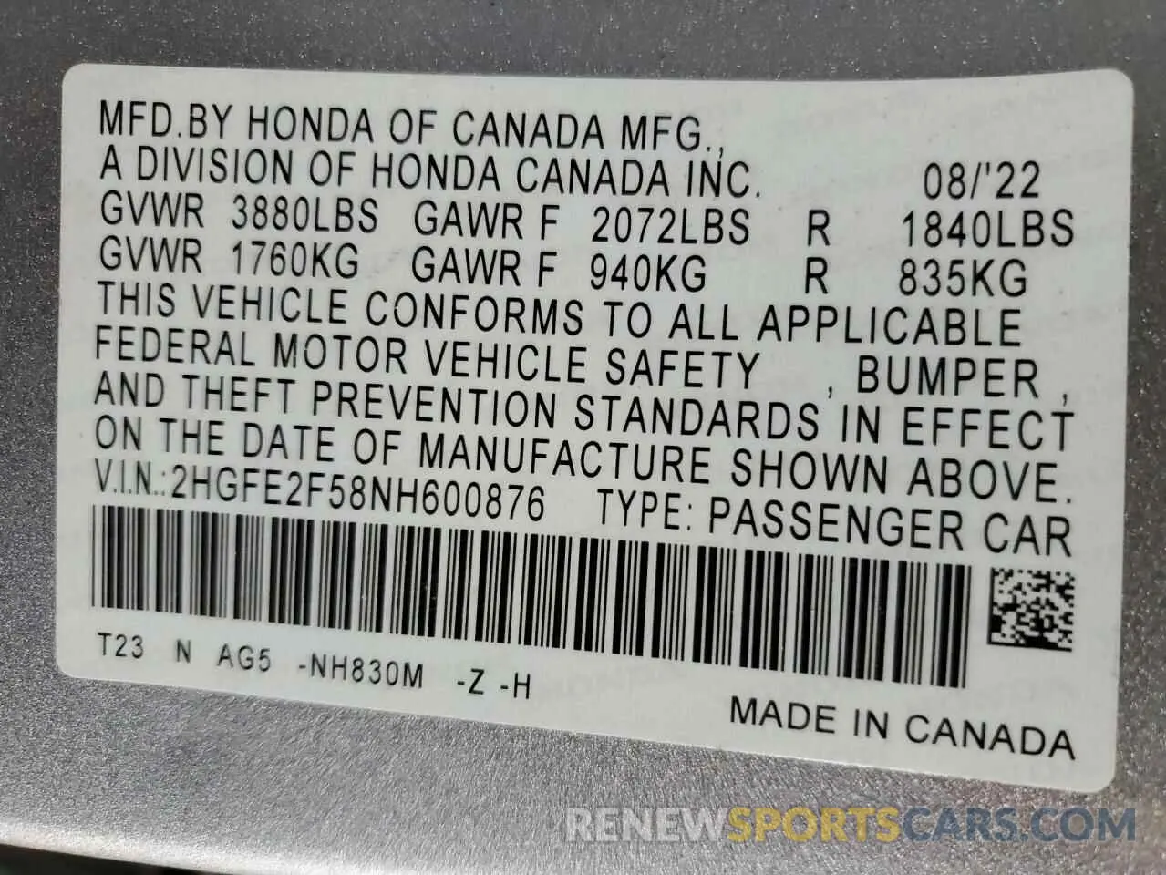 14 Photograph of a damaged car 2HGFE2F58NH600876 HONDA CIVIC 2022