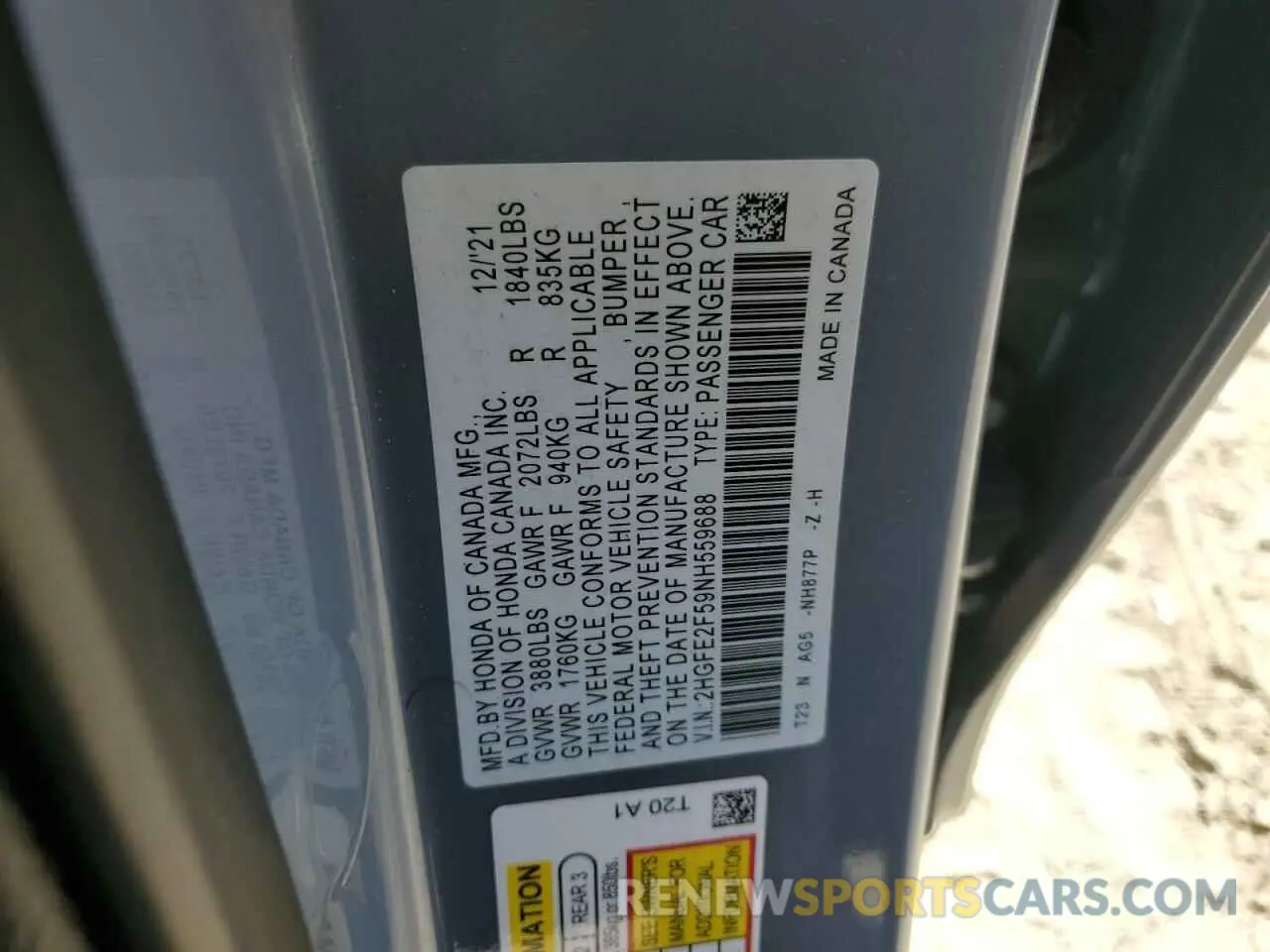 12 Photograph of a damaged car 2HGFE2F59NH559688 HONDA CIVIC 2022
