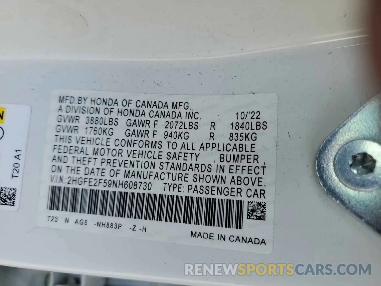 12 Photograph of a damaged car 2HGFE2F59NH608730 HONDA CIVIC 2022