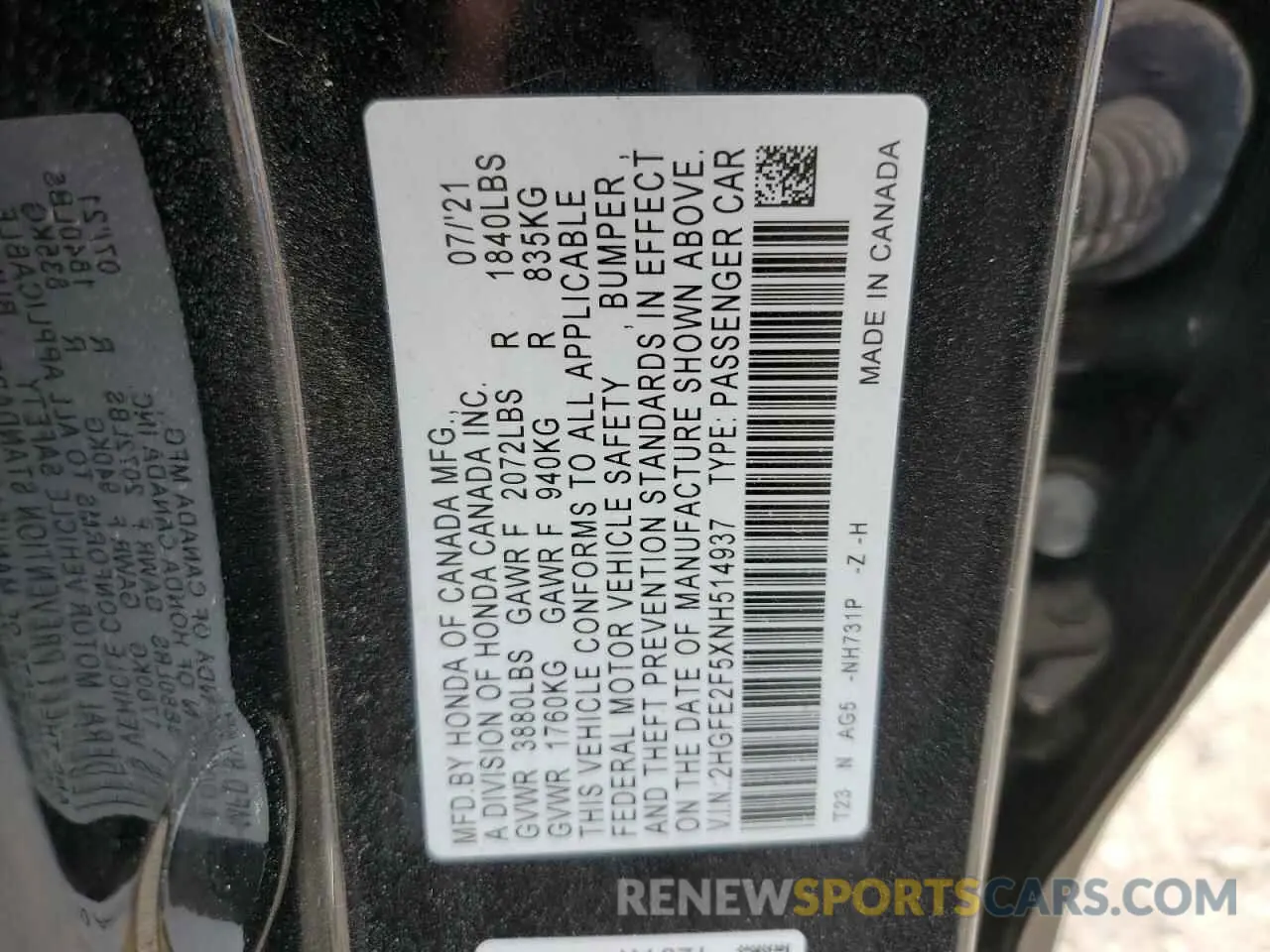 13 Photograph of a damaged car 2HGFE2F5XNH514937 HONDA CIVIC 2022