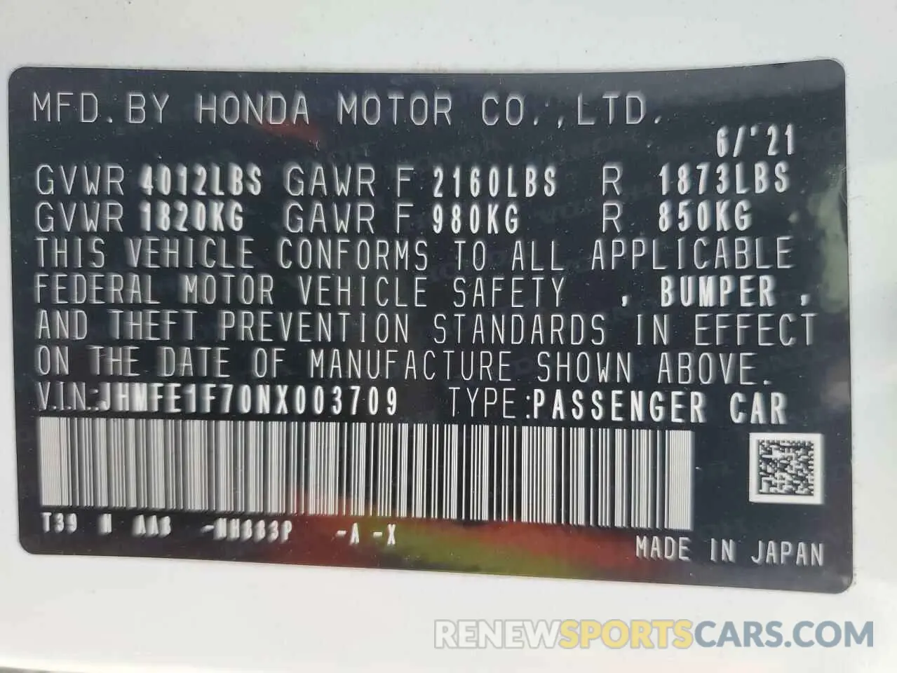 13 Photograph of a damaged car JHMFE1F70NX003709 HONDA CIVIC 2022