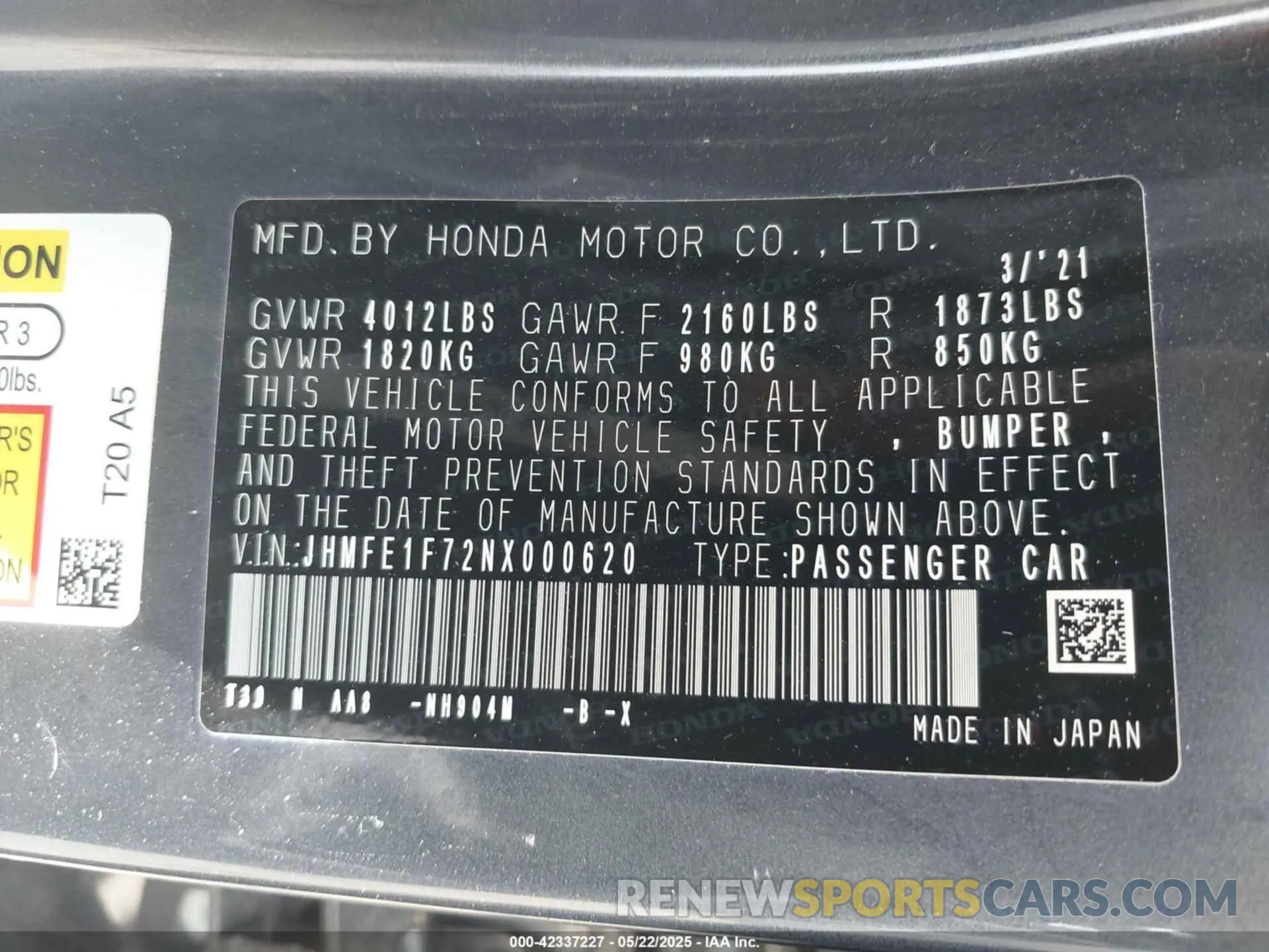 9 Photograph of a damaged car JHMFE1F72NX000620 HONDA CIVIC 2022