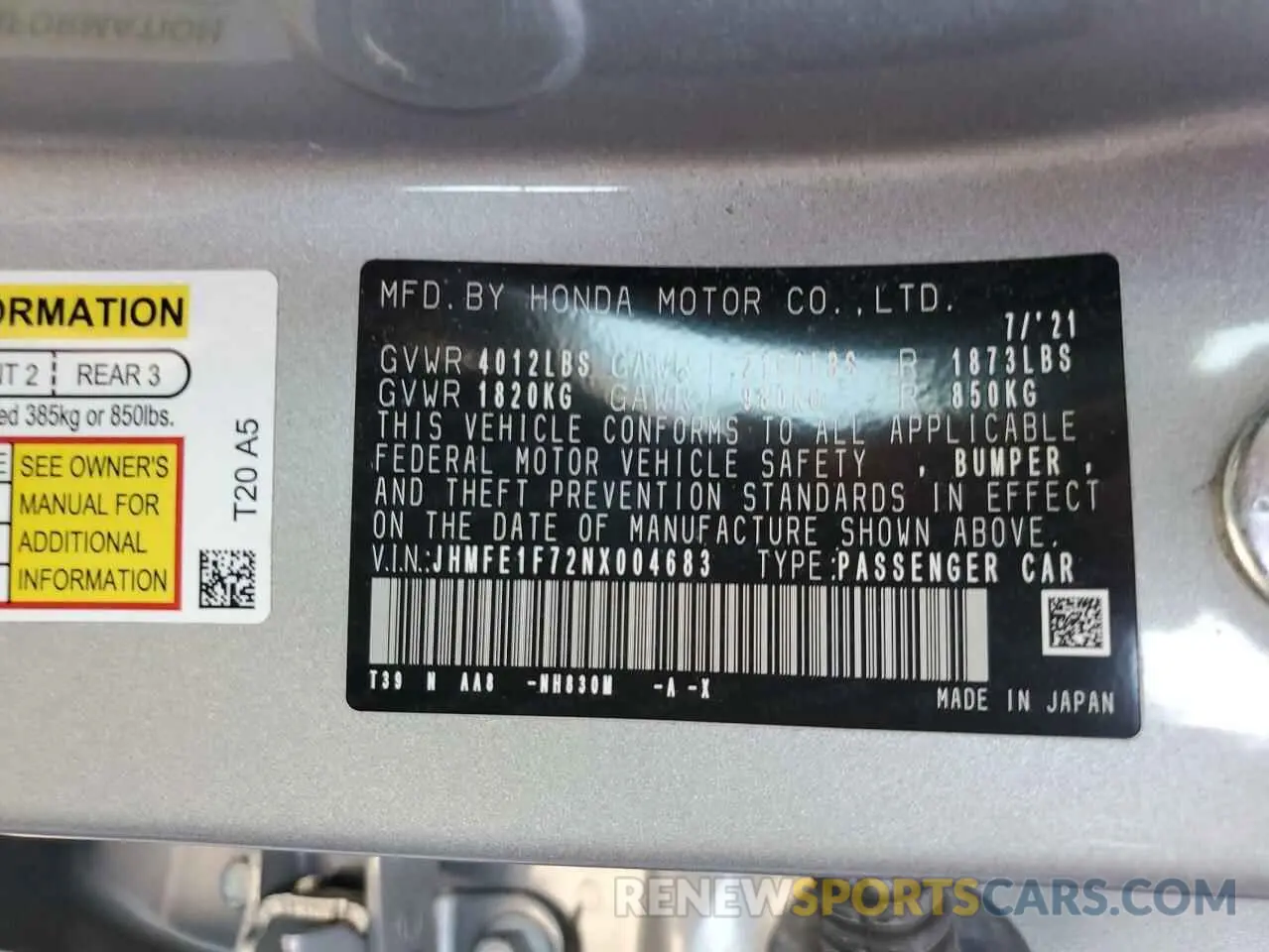 14 Photograph of a damaged car JHMFE1F72NX004683 HONDA CIVIC 2022