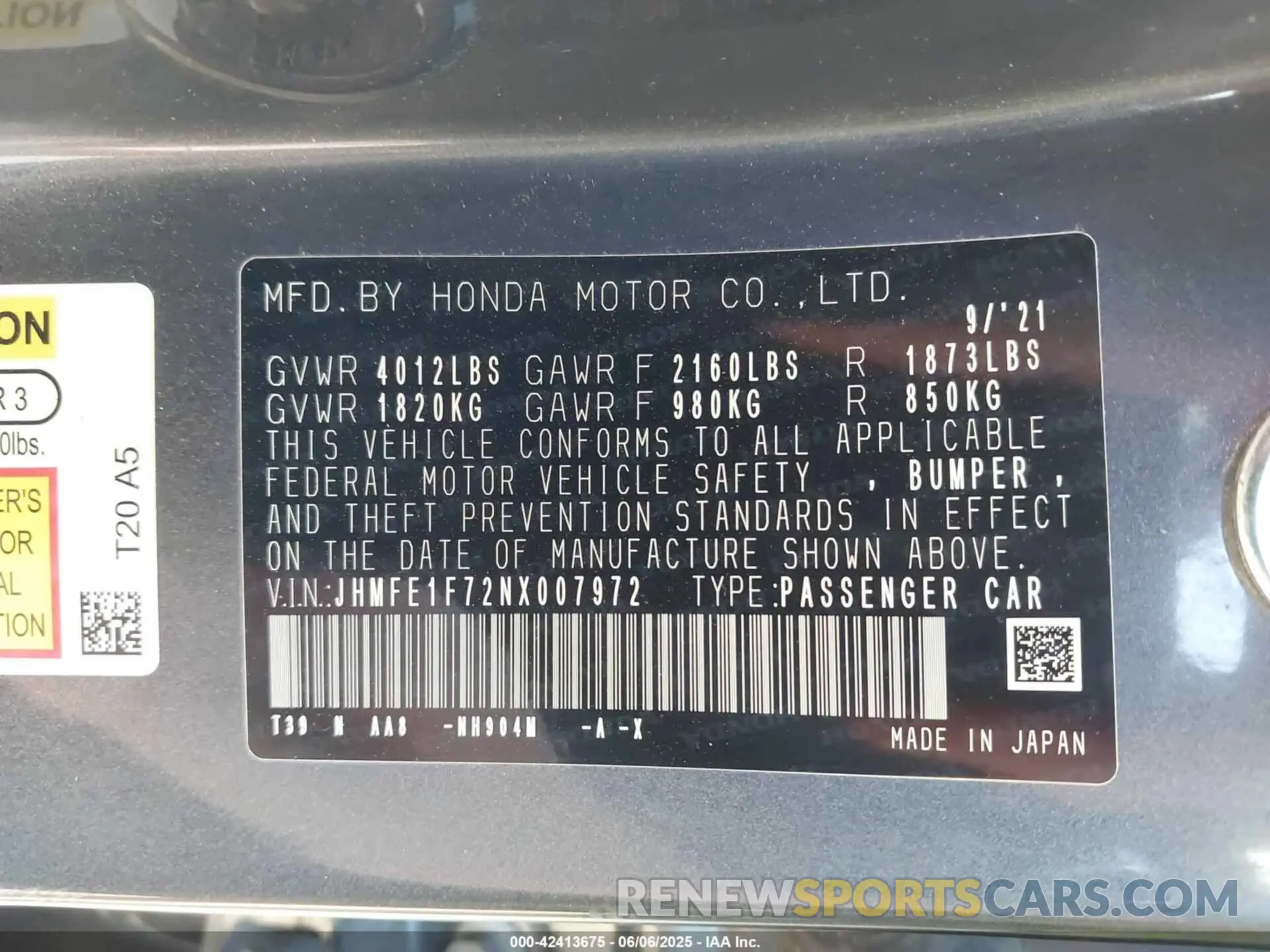 9 Photograph of a damaged car JHMFE1F72NX007972 HONDA CIVIC 2022