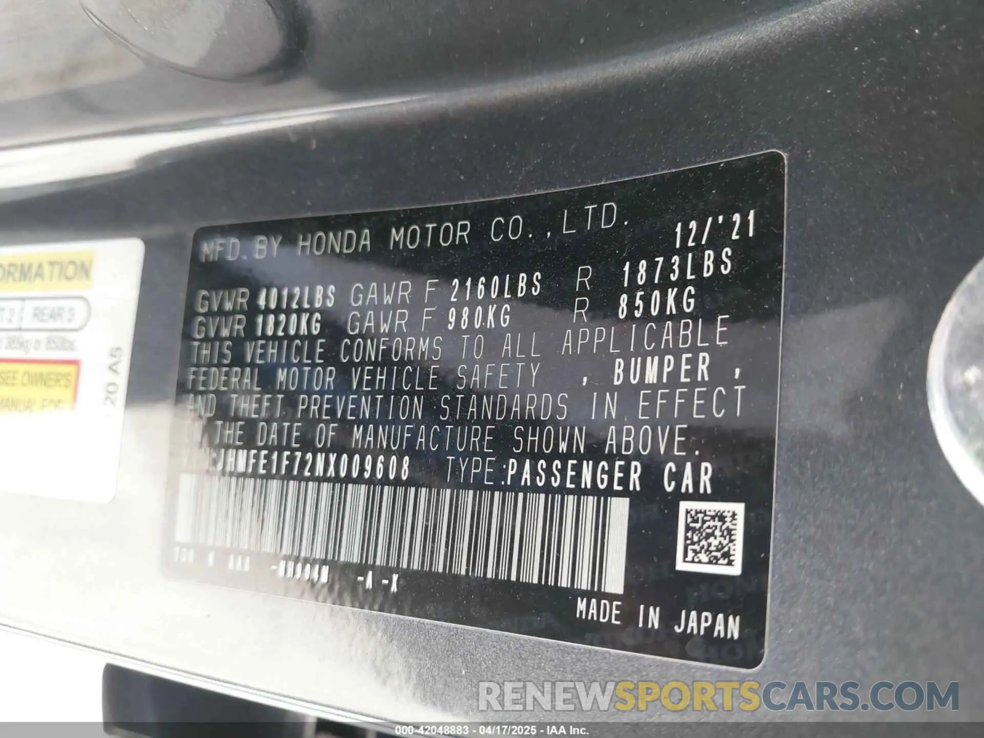 9 Photograph of a damaged car JHMFE1F72NX009608 HONDA CIVIC 2022