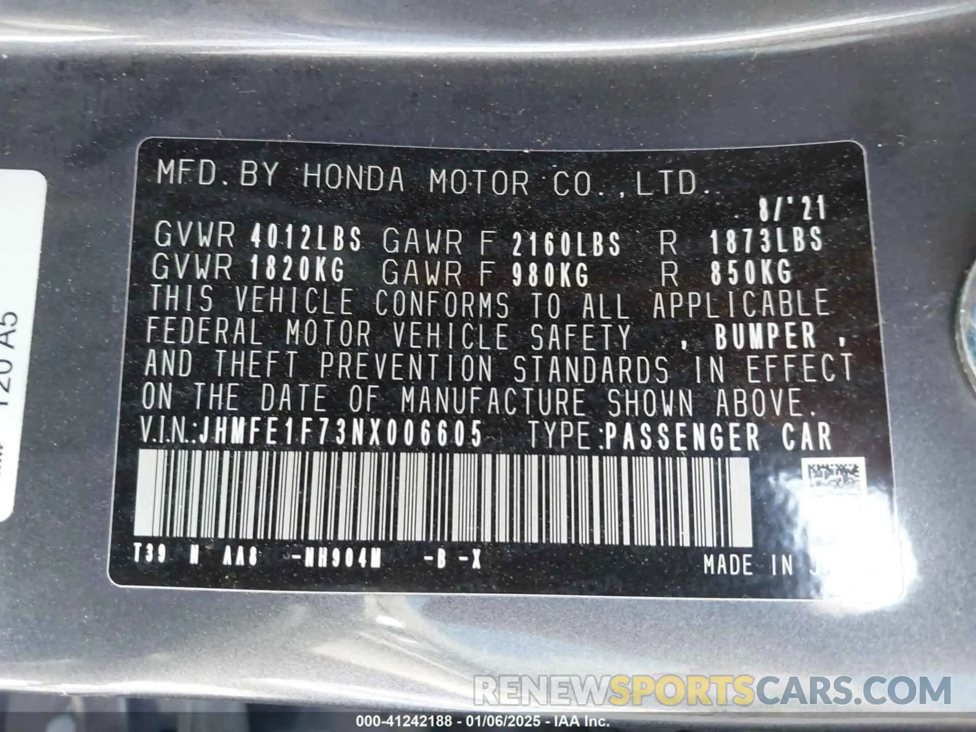 9 Photograph of a damaged car JHMFE1F73NX006605 HONDA CIVIC 2022