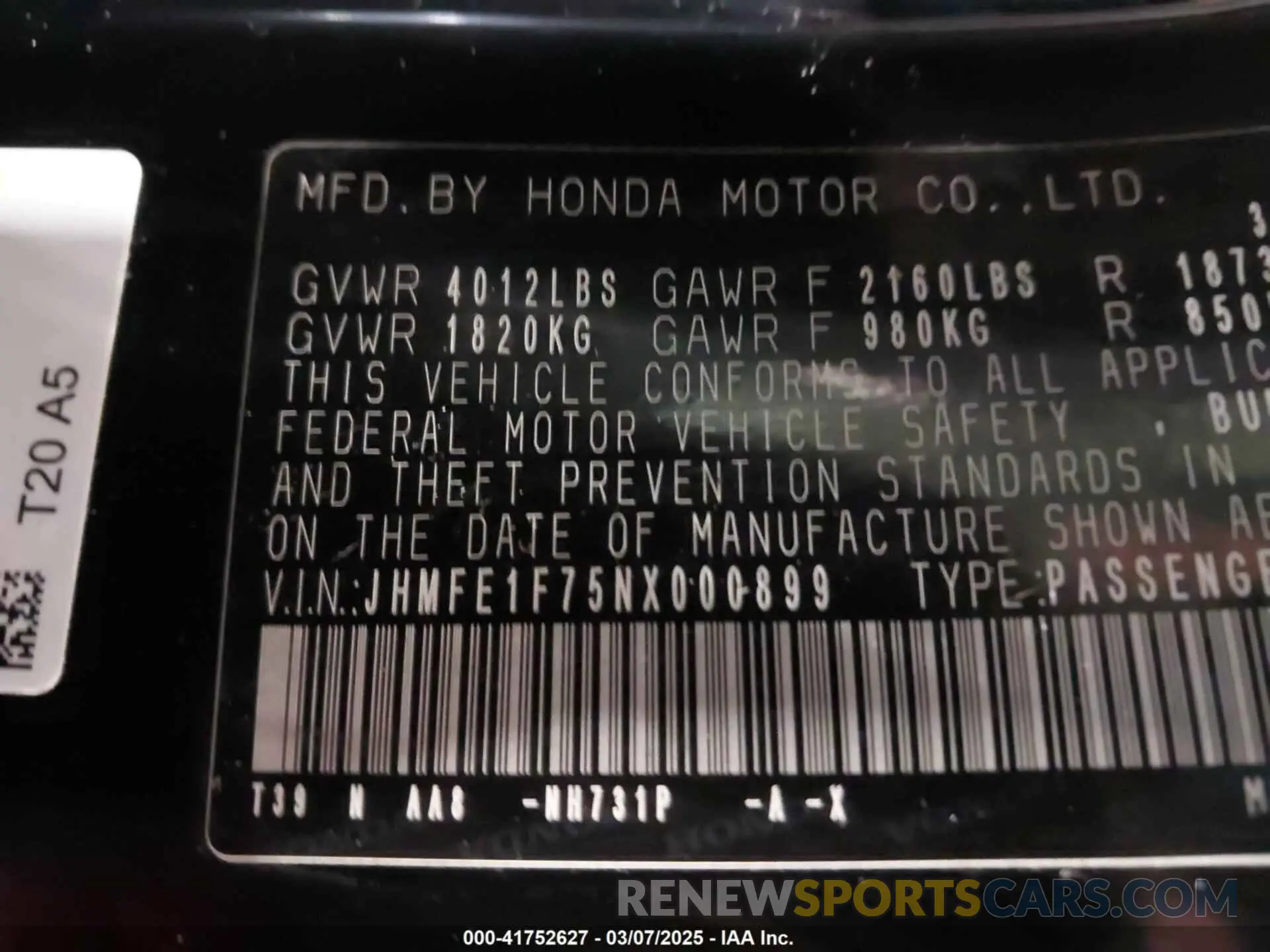 9 Photograph of a damaged car JHMFE1F75NX000899 HONDA CIVIC 2022