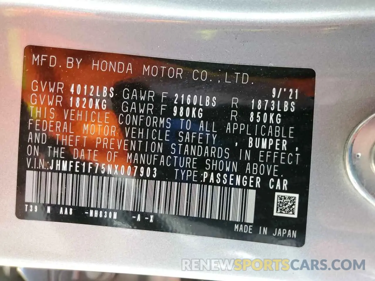 12 Photograph of a damaged car JHMFE1F75NX007903 HONDA CIVIC 2022
