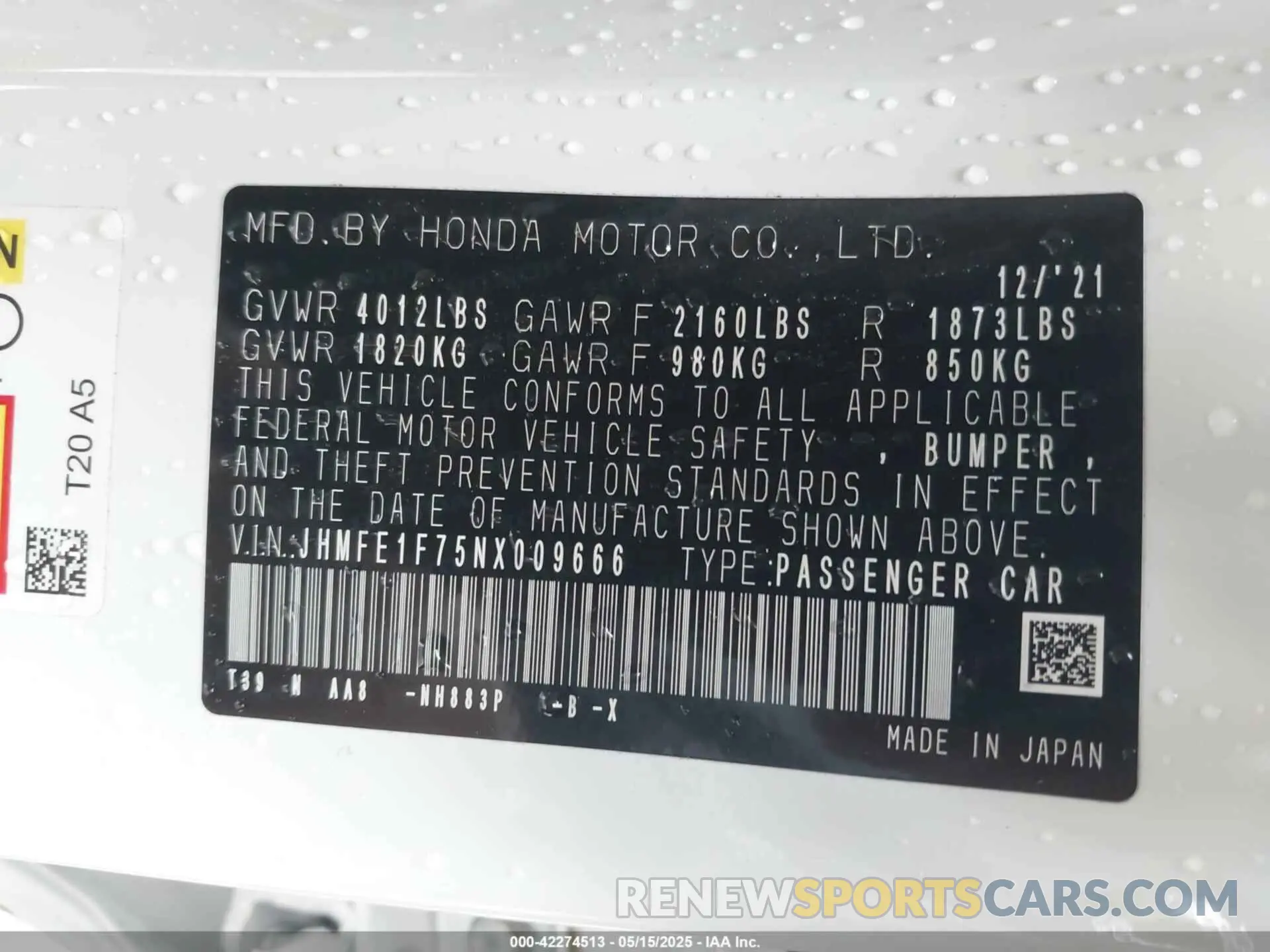 9 Photograph of a damaged car JHMFE1F75NX009666 HONDA CIVIC 2022