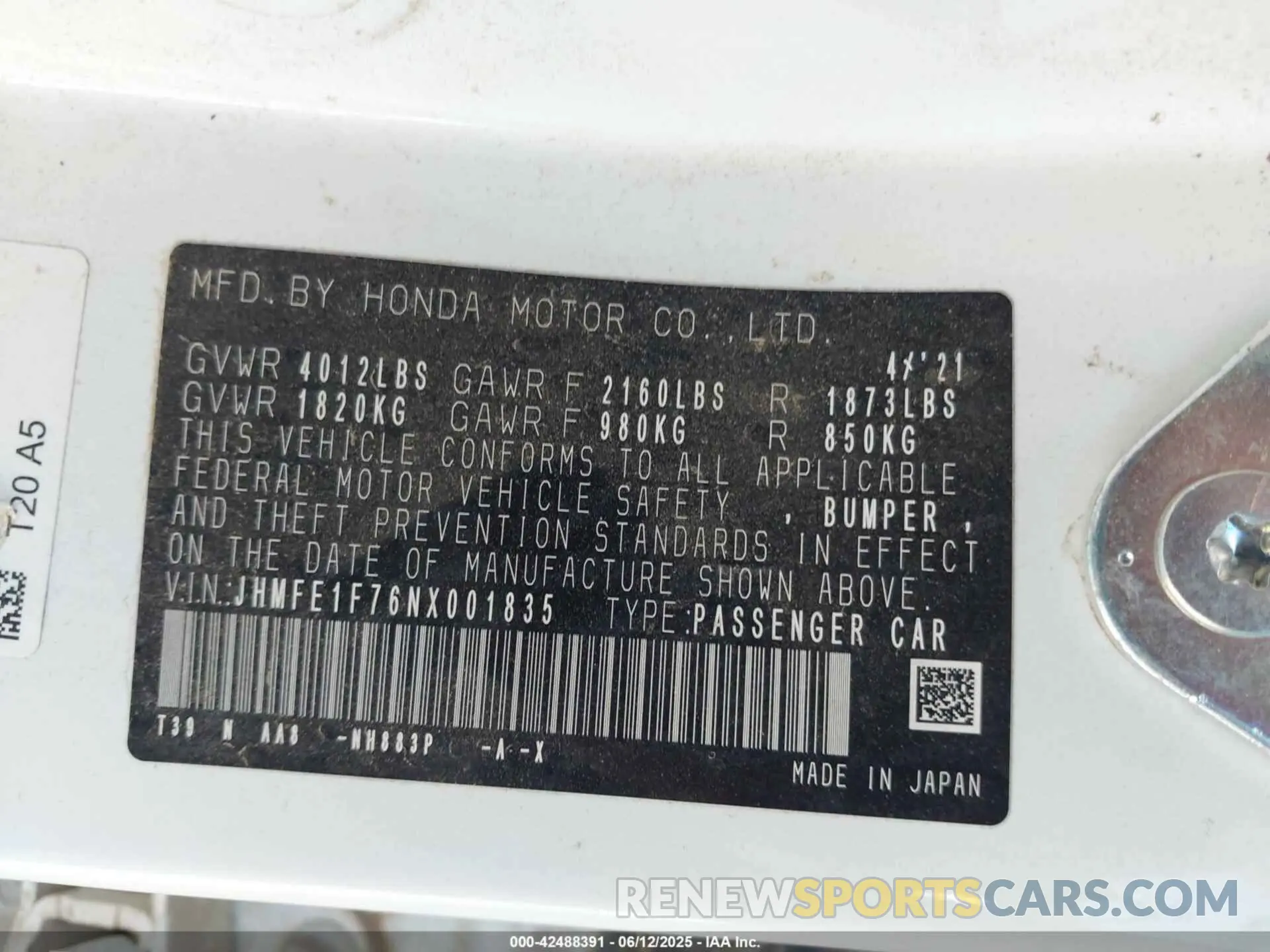 9 Photograph of a damaged car JHMFE1F76NX001835 HONDA CIVIC 2022