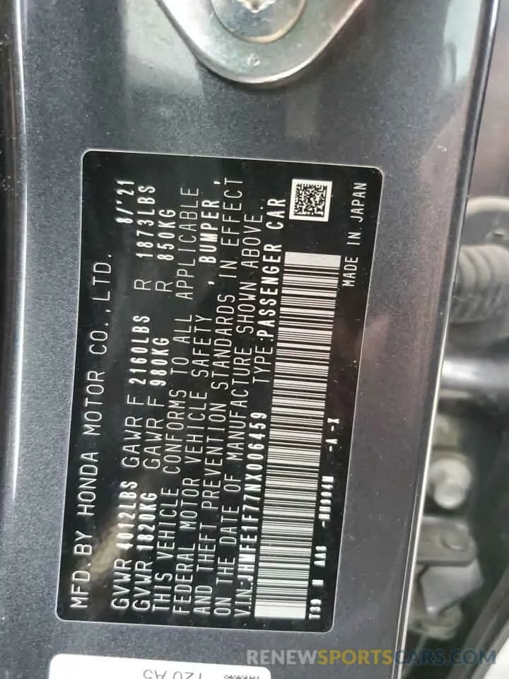 12 Photograph of a damaged car JHMFE1F77NX006459 HONDA CIVIC 2022