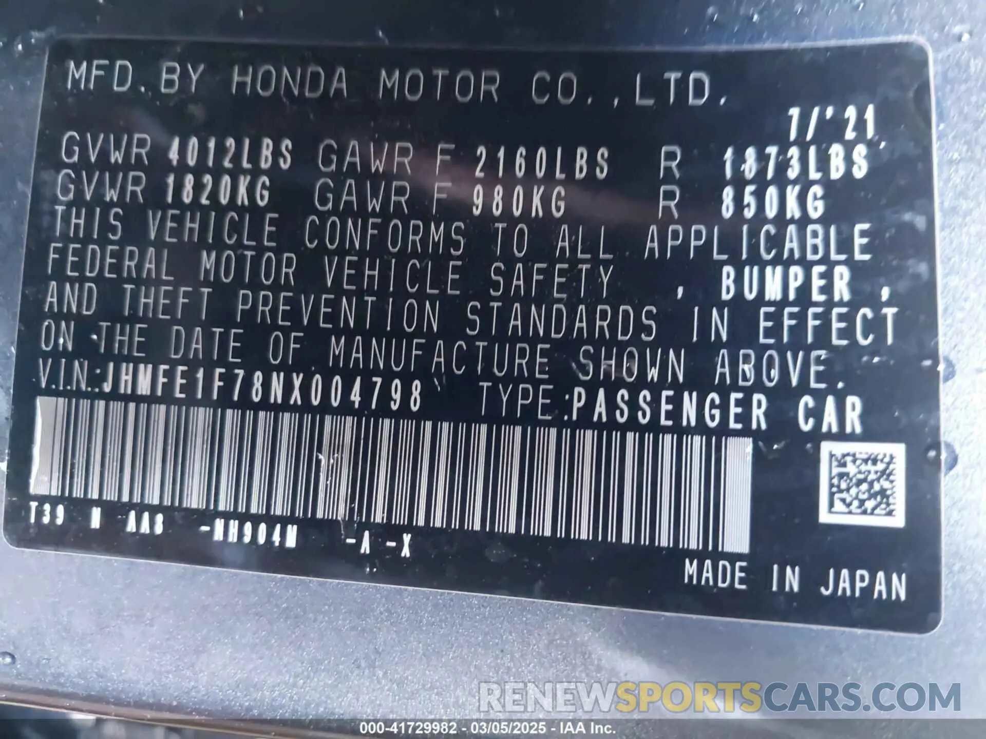 9 Photograph of a damaged car JHMFE1F78NX004798 HONDA CIVIC 2022