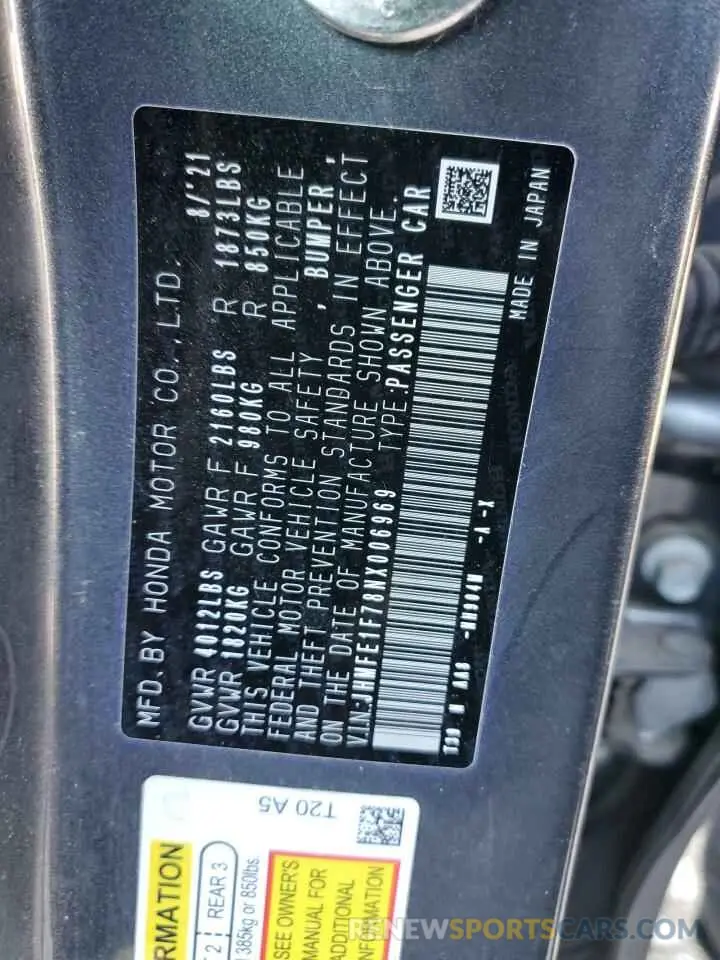 12 Photograph of a damaged car JHMFE1F78NX006969 HONDA CIVIC 2022