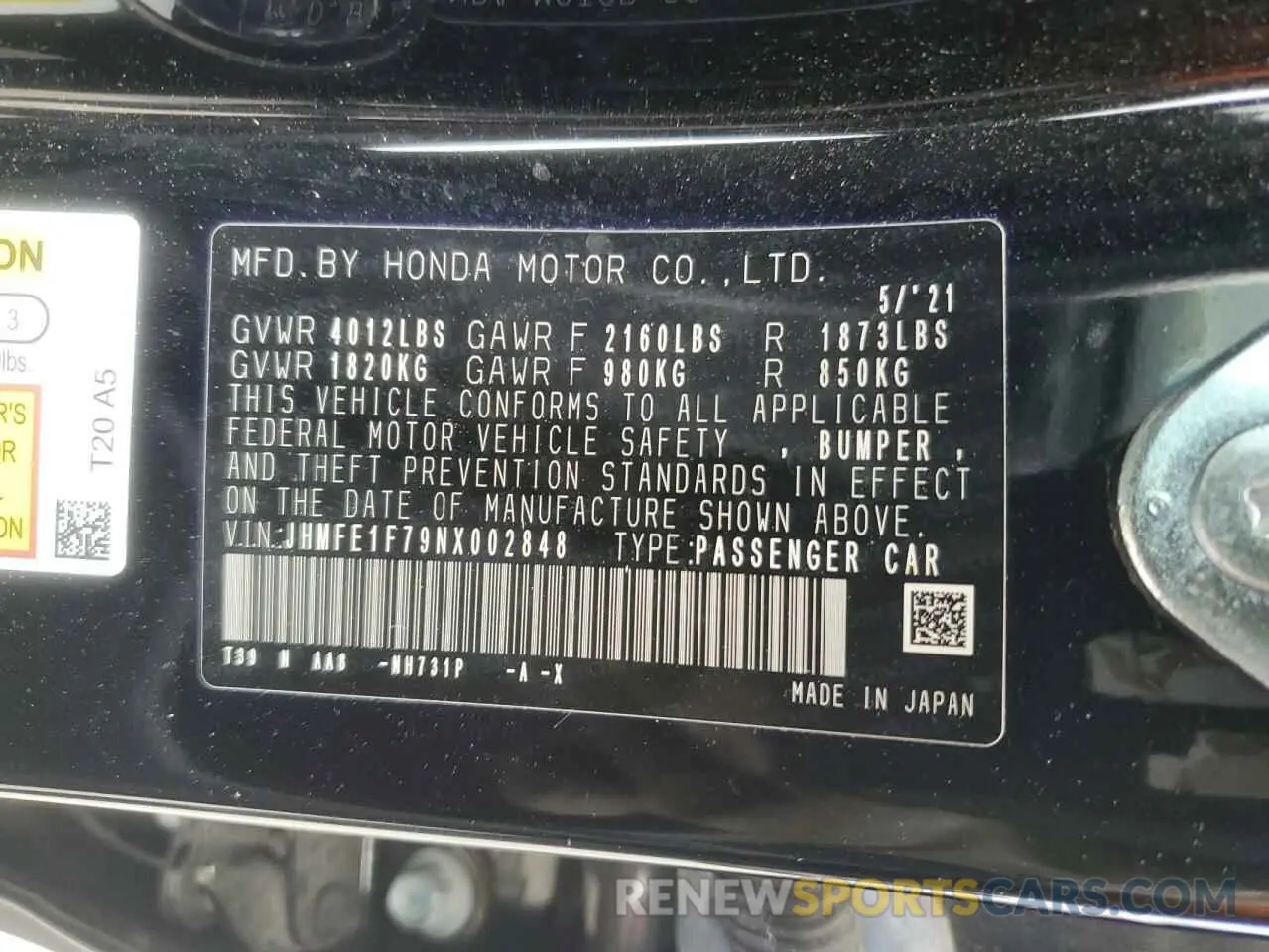 12 Photograph of a damaged car JHMFE1F79NX002848 HONDA CIVIC 2022