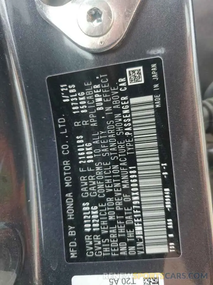 12 Photograph of a damaged car JHMFE1F79NX006981 HONDA CIVIC 2022