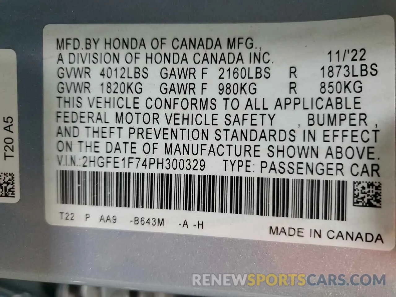 13 Photograph of a damaged car 2HGFE1F74PH300329 HONDA CIVIC 2023