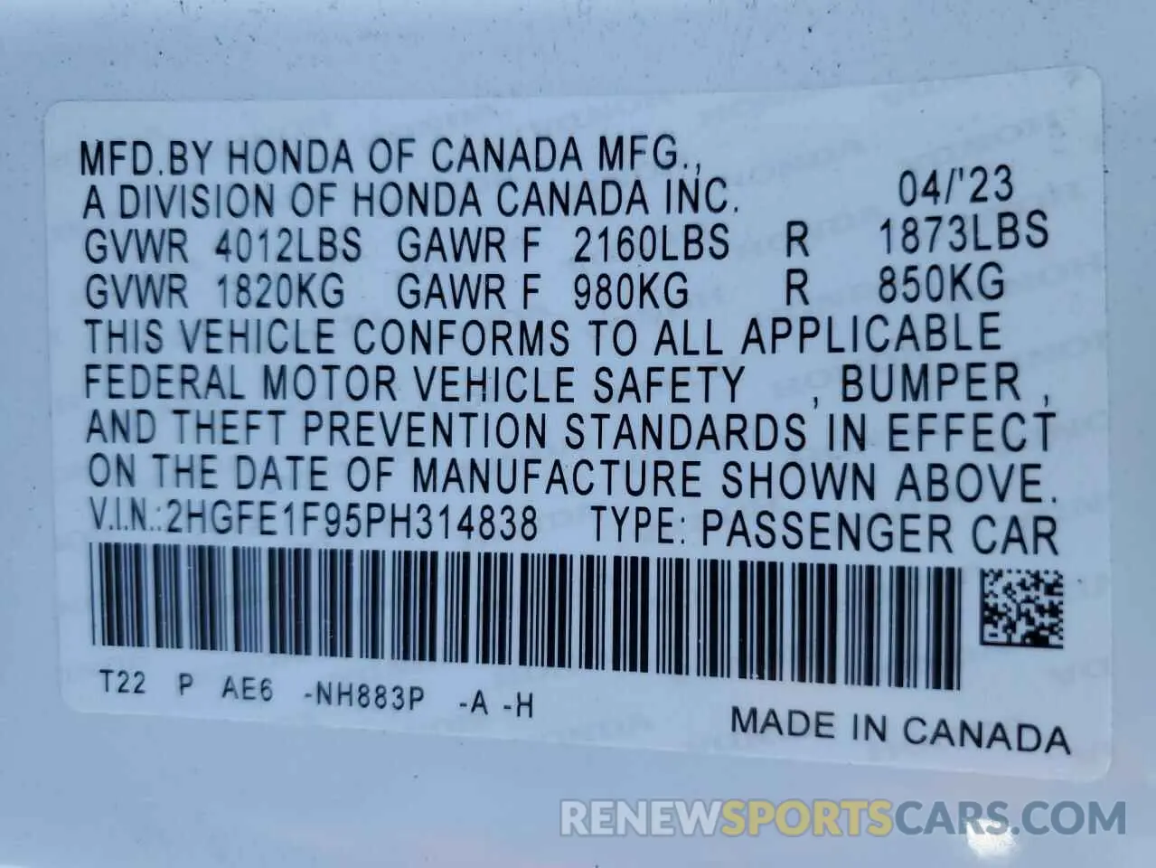13 Photograph of a damaged car 2HGFE1F95PH314838 HONDA CIVIC 2023