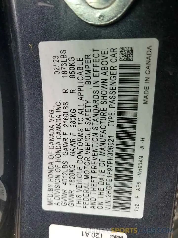 14 Photograph of a damaged car 2HGFE1F97PH306921 HONDA CIVIC 2023