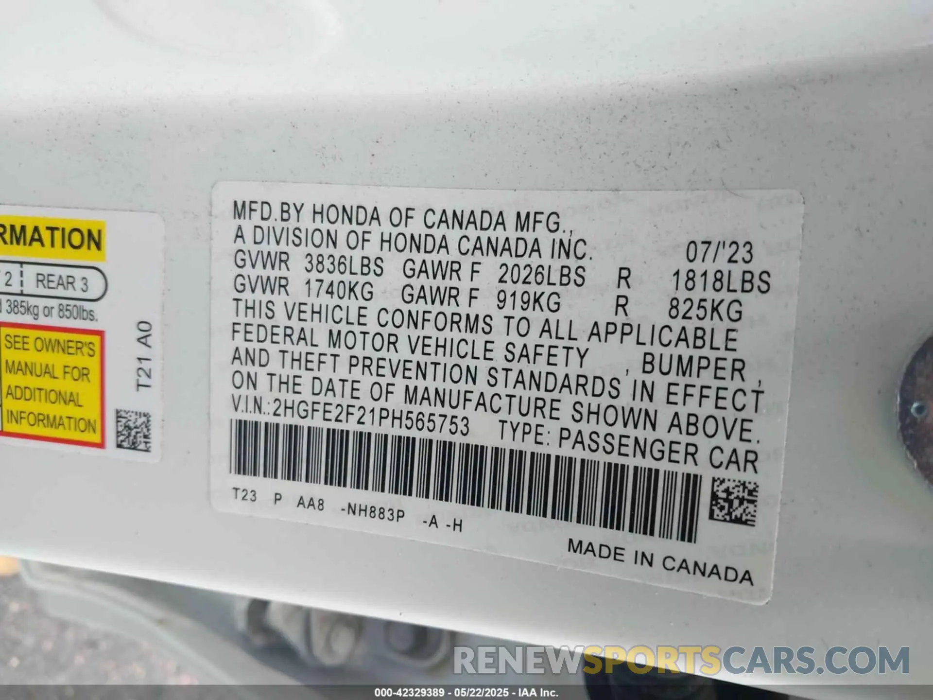 9 Photograph of a damaged car 2HGFE2F21PH565753 HONDA CIVIC 2023
