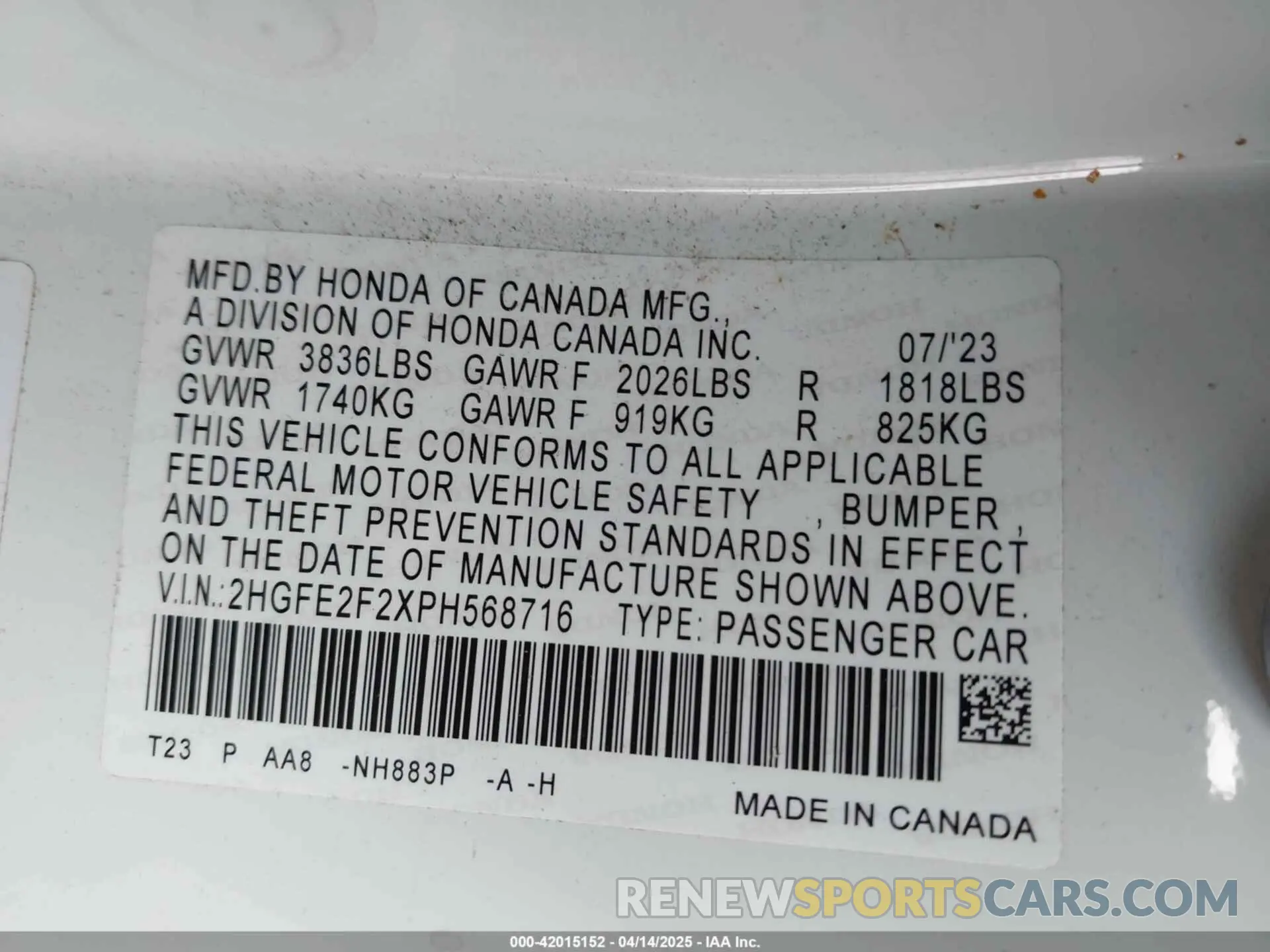 9 Photograph of a damaged car 2HGFE2F2XPH568716 HONDA CIVIC 2023