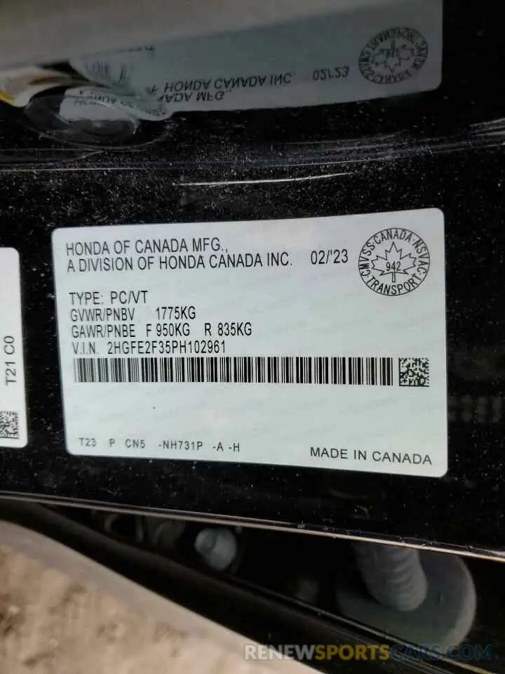 12 Photograph of a damaged car 2HGFE2F35PH102961 HONDA CIVIC 2023