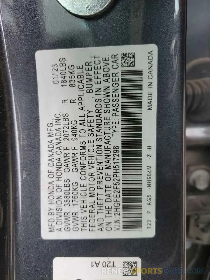 14 Photograph of a damaged car 2HGFE2F52PH517298 HONDA CIVIC 2023