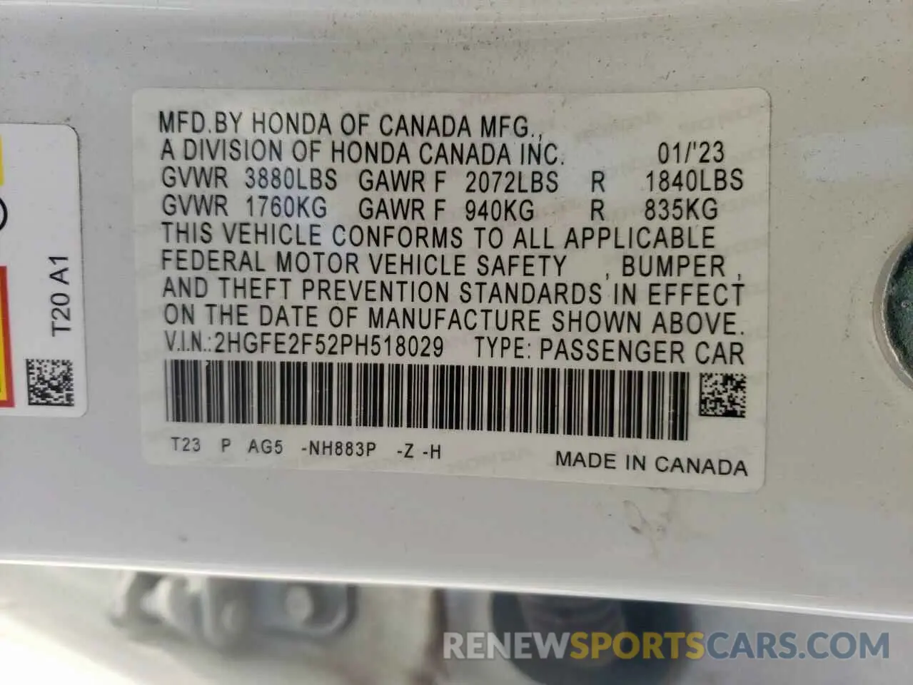 13 Photograph of a damaged car 2HGFE2F52PH518029 HONDA CIVIC 2023