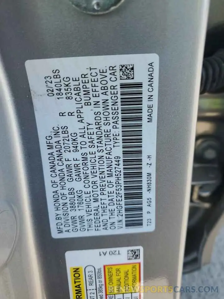 13 Photograph of a damaged car 2HGFE2F53PH527449 HONDA CIVIC 2023