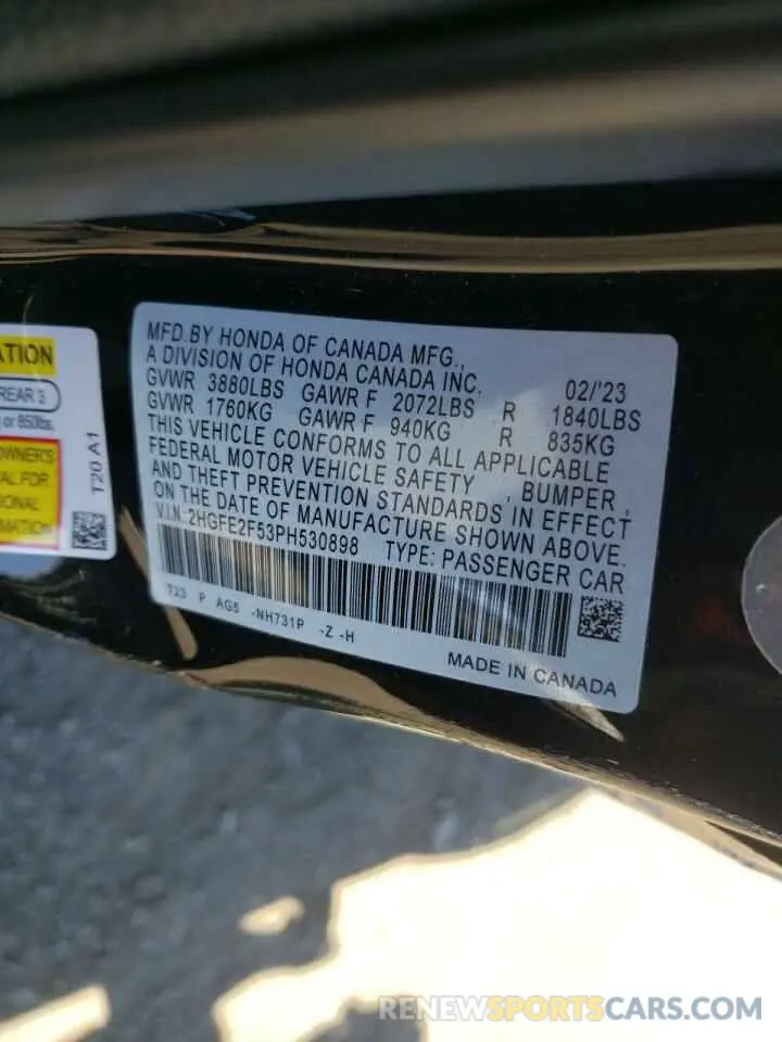 12 Photograph of a damaged car 2HGFE2F53PH530898 HONDA CIVIC 2023