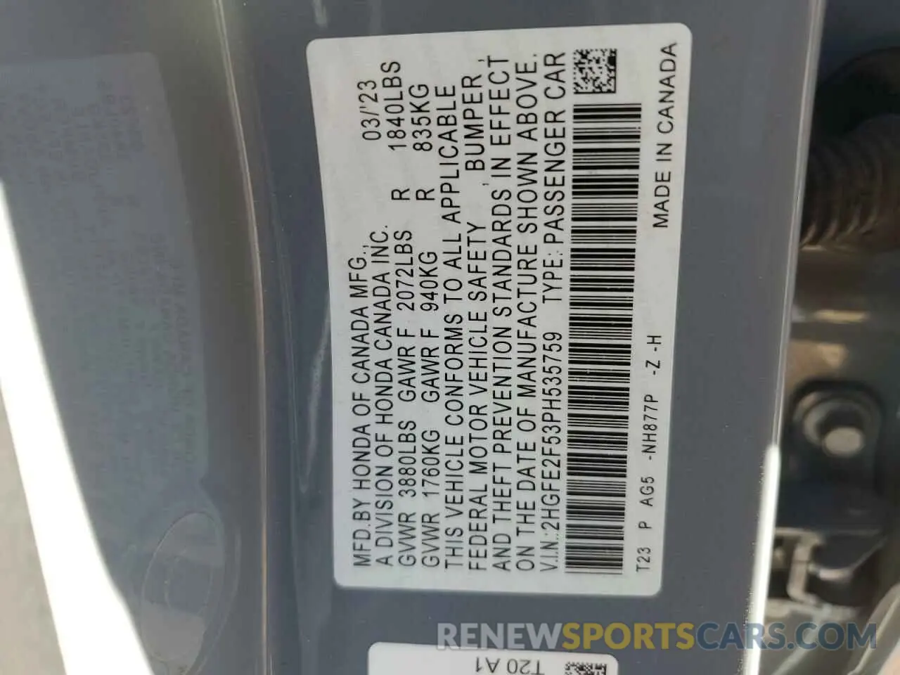 14 Photograph of a damaged car 2HGFE2F53PH535759 HONDA CIVIC 2023
