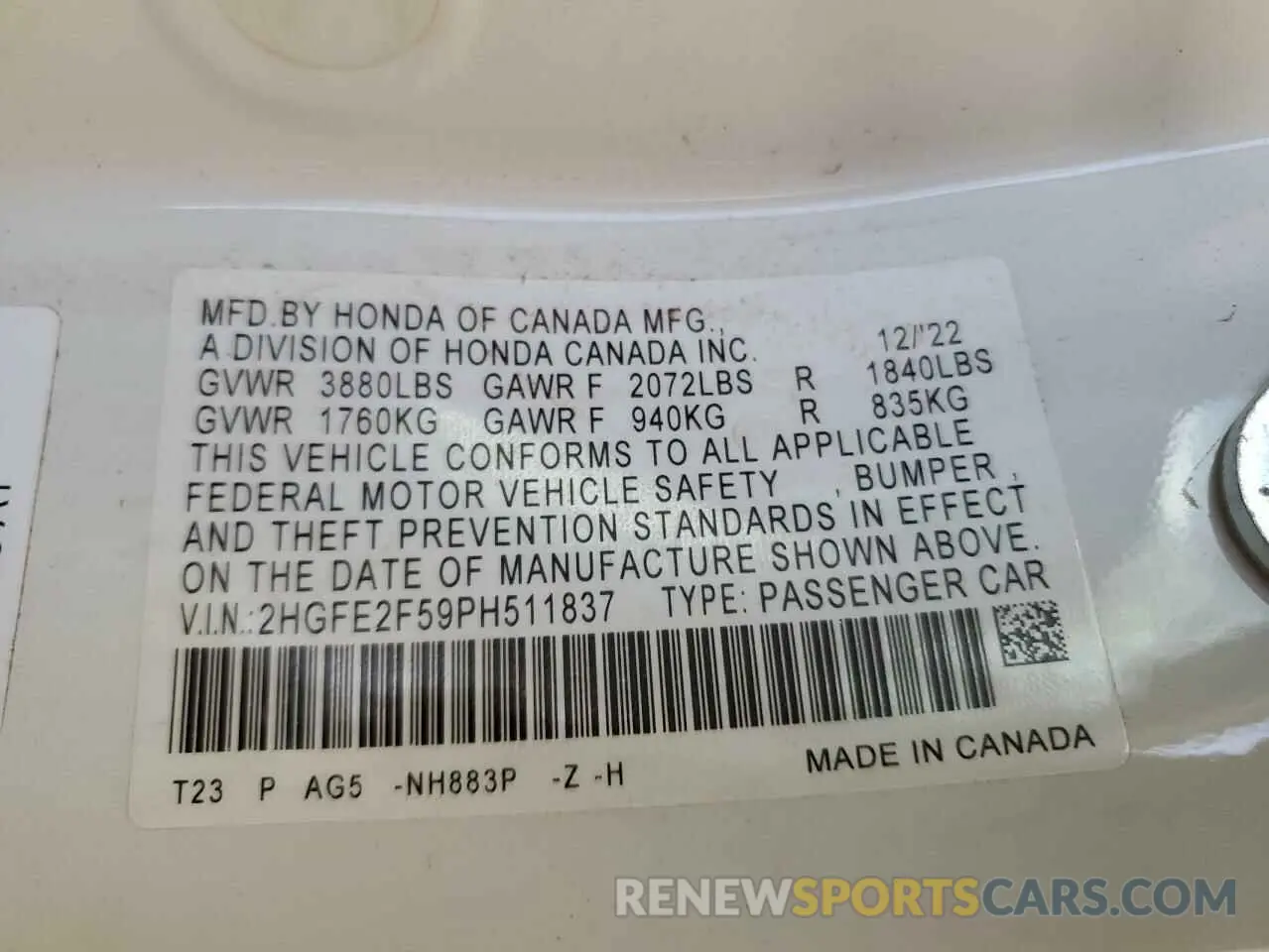 12 Photograph of a damaged car 2HGFE2F59PH511837 HONDA CIVIC 2023