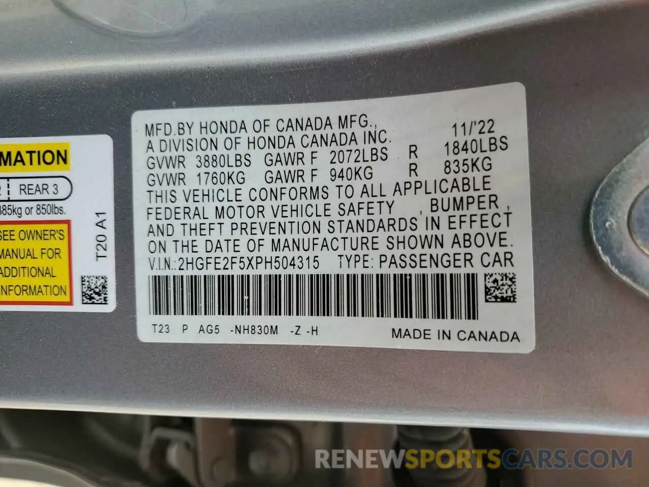 13 Photograph of a damaged car 2HGFE2F5XPH504315 HONDA CIVIC 2023