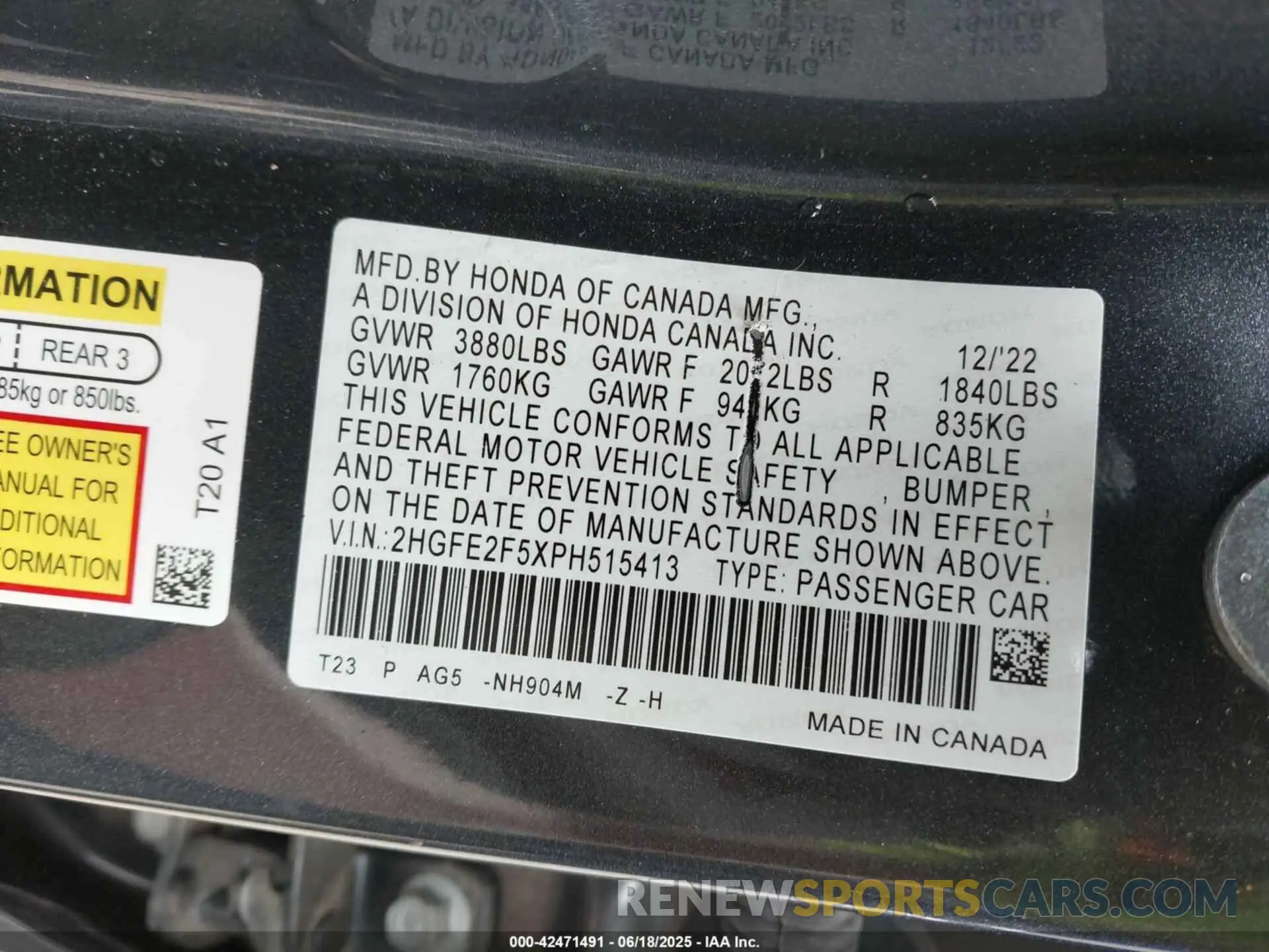 9 Photograph of a damaged car 2HGFE2F5XPH515413 HONDA CIVIC 2023