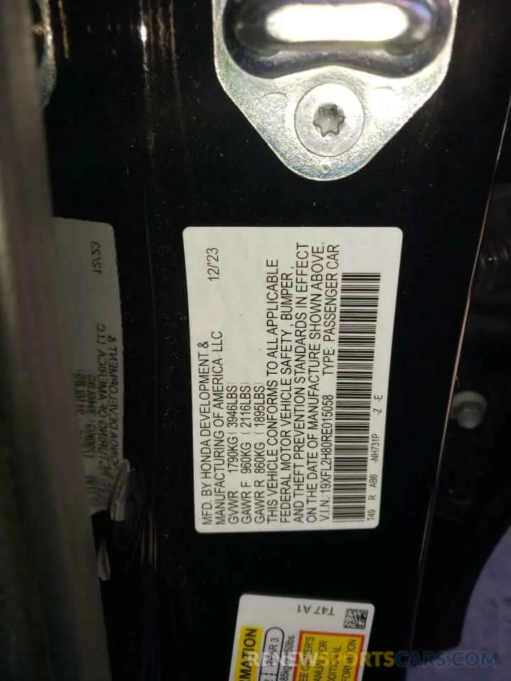 12 Photograph of a damaged car 19XFL2H80RE015058 HONDA CIVIC 2024