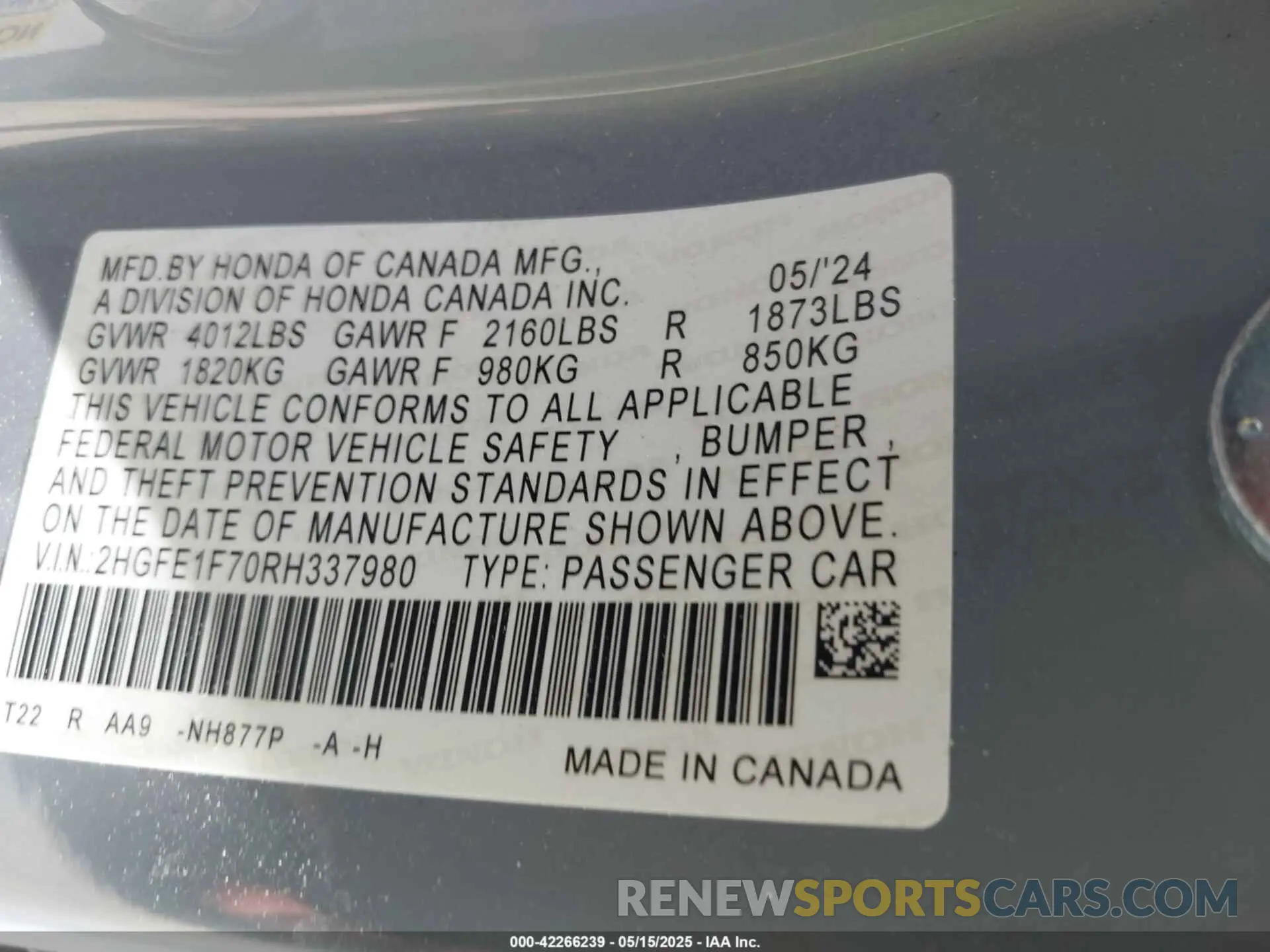 9 Photograph of a damaged car 2HGFE1F70RH337980 HONDA CIVIC 2024