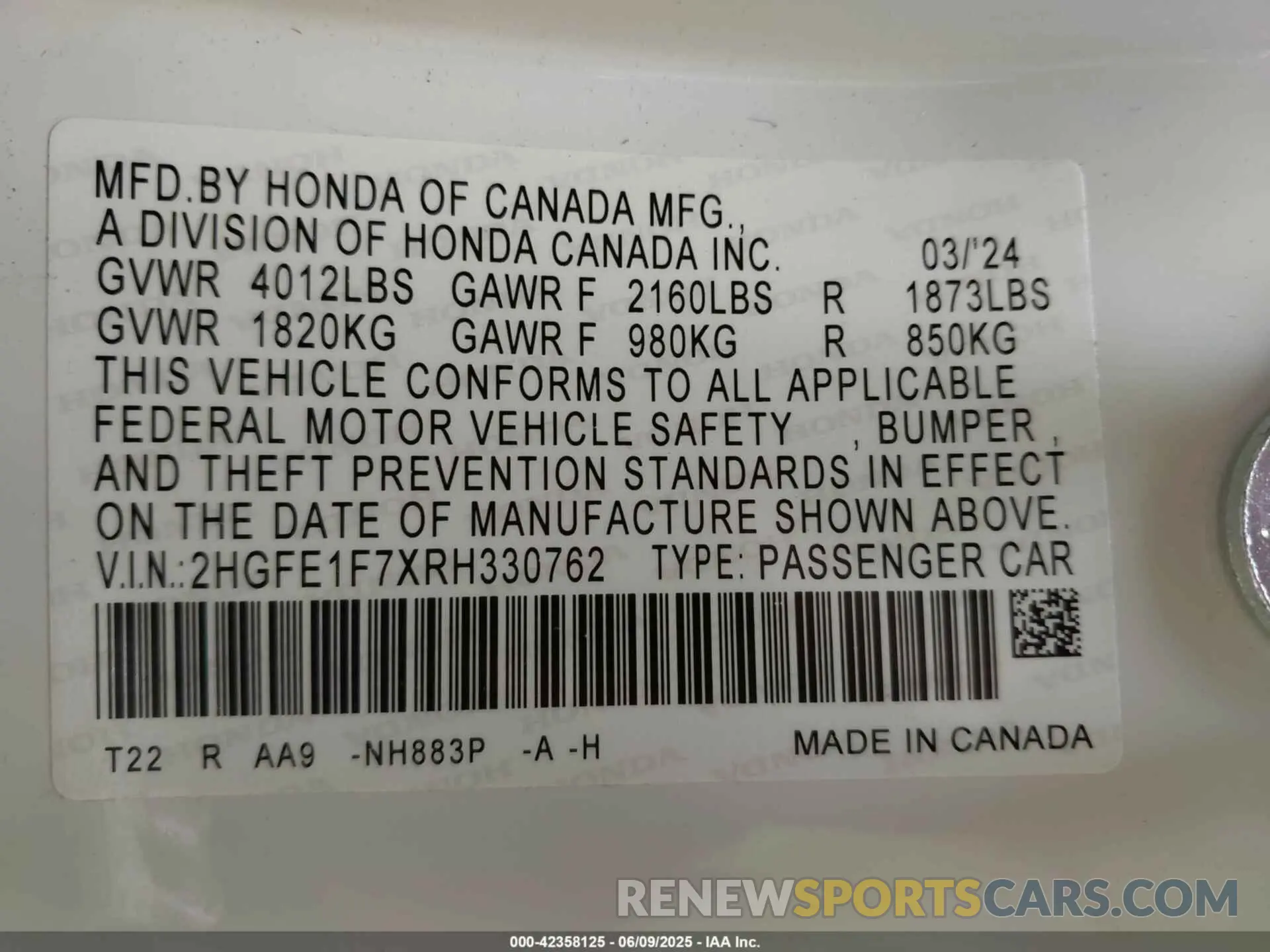 9 Photograph of a damaged car 2HGFE1F7XRH330762 HONDA CIVIC 2024
