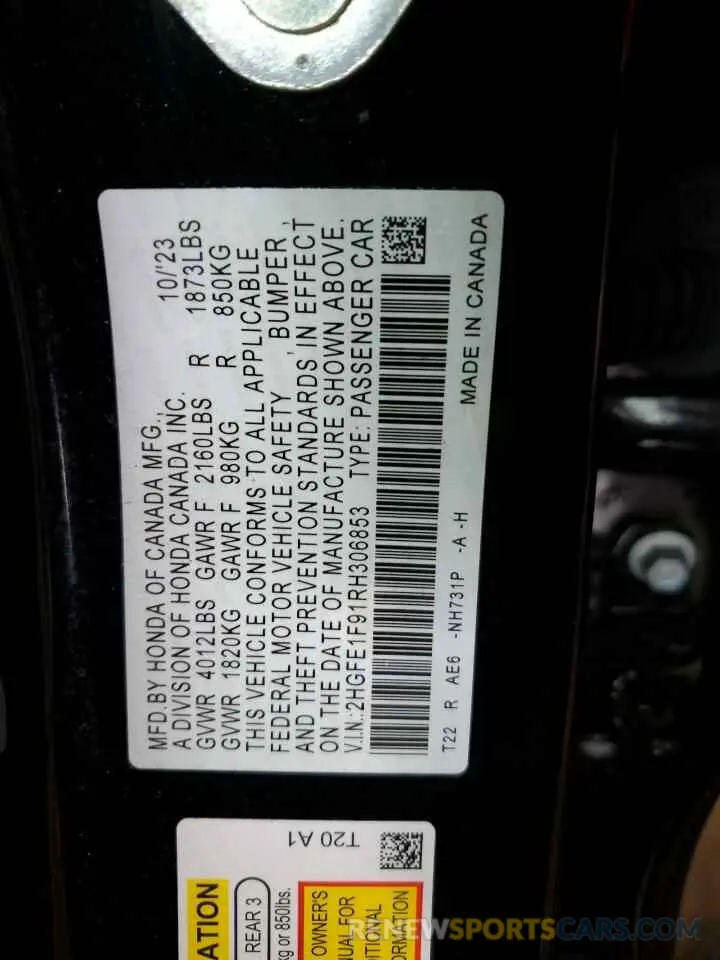 12 Photograph of a damaged car 2HGFE1F91RH306853 HONDA CIVIC 2024
