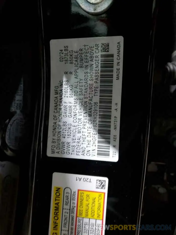 15 Photograph of a damaged car 2HGFE1F92RH329106 HONDA CIVIC 2024