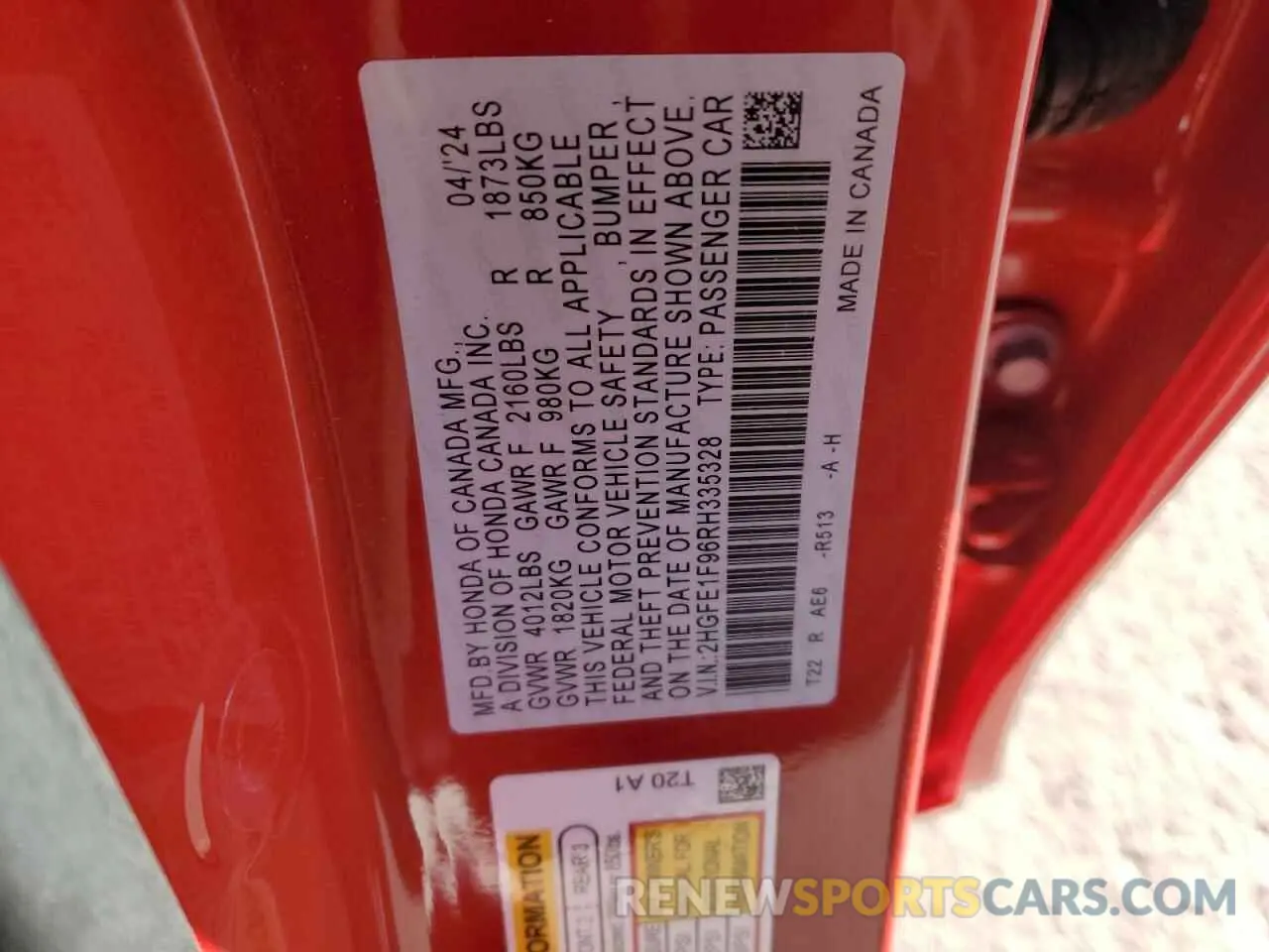 14 Photograph of a damaged car 2HGFE1F96RH335328 HONDA CIVIC 2024