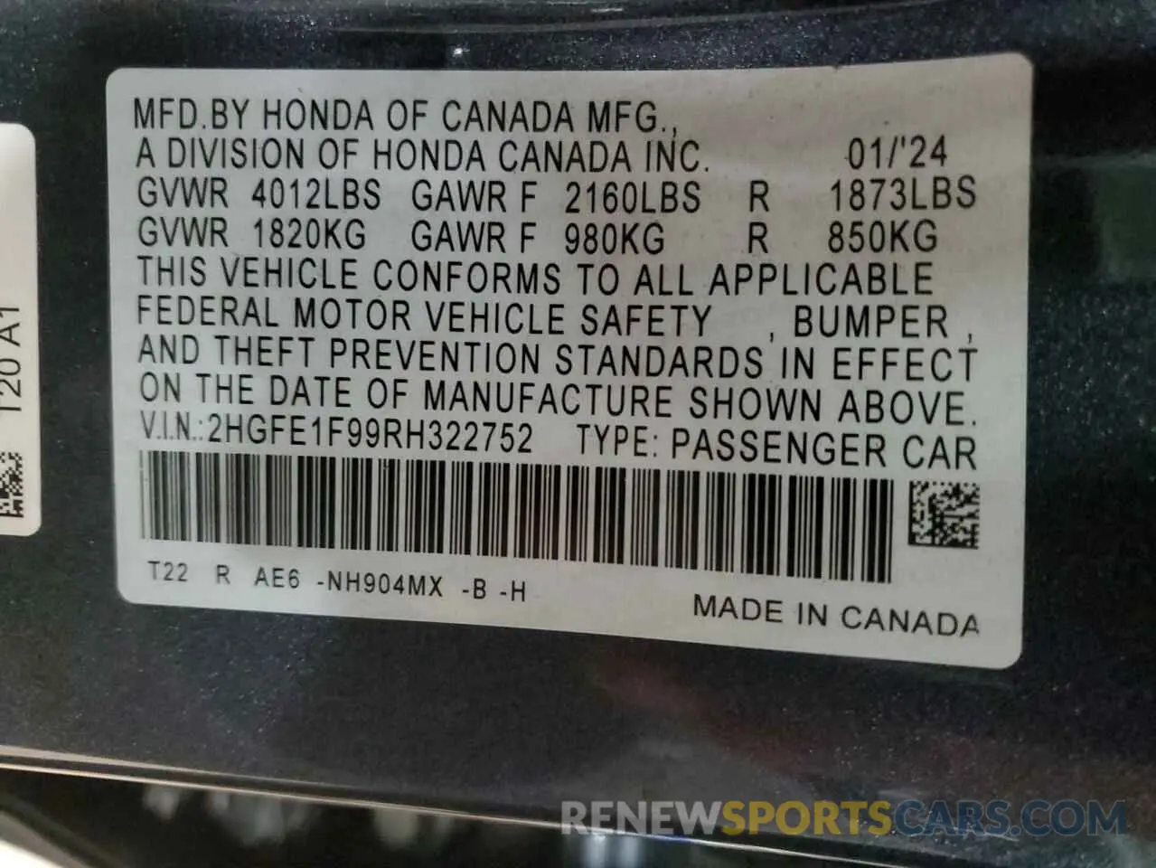 13 Photograph of a damaged car 2HGFE1F99RH322752 HONDA CIVIC 2024