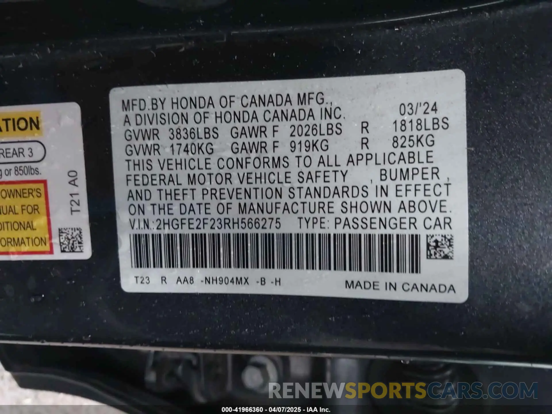 9 Photograph of a damaged car 2HGFE2F23RH566275 HONDA CIVIC 2024