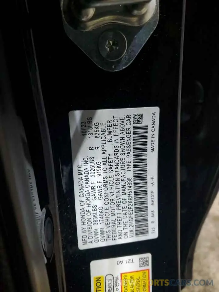 12 Photograph of a damaged car 2HGFE2F2XRH514898 HONDA CIVIC 2024