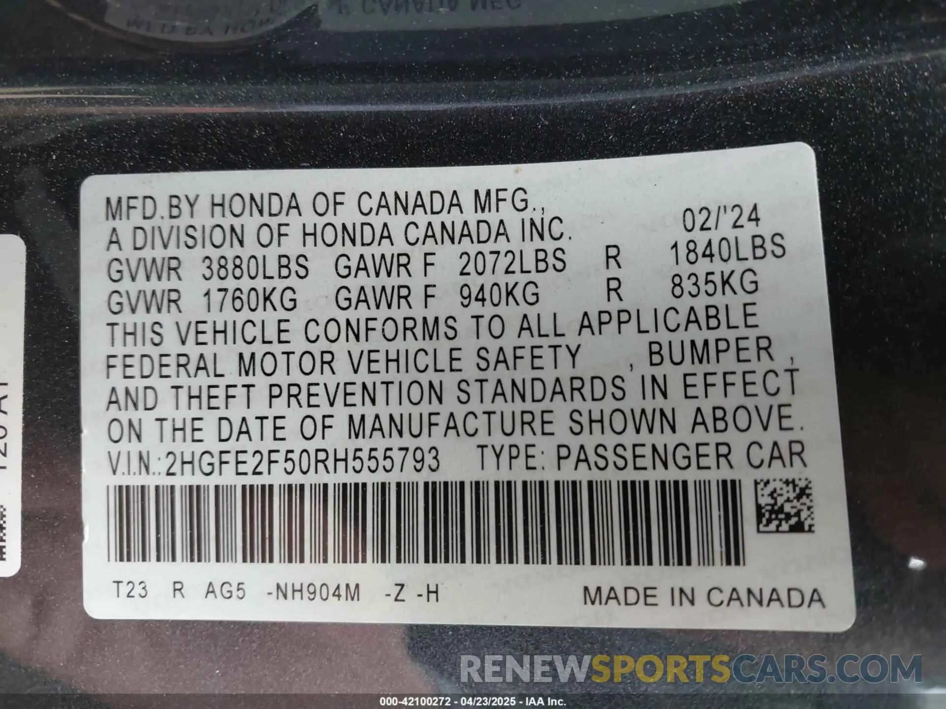 9 Photograph of a damaged car 2HGFE2F50RH555793 HONDA CIVIC 2024