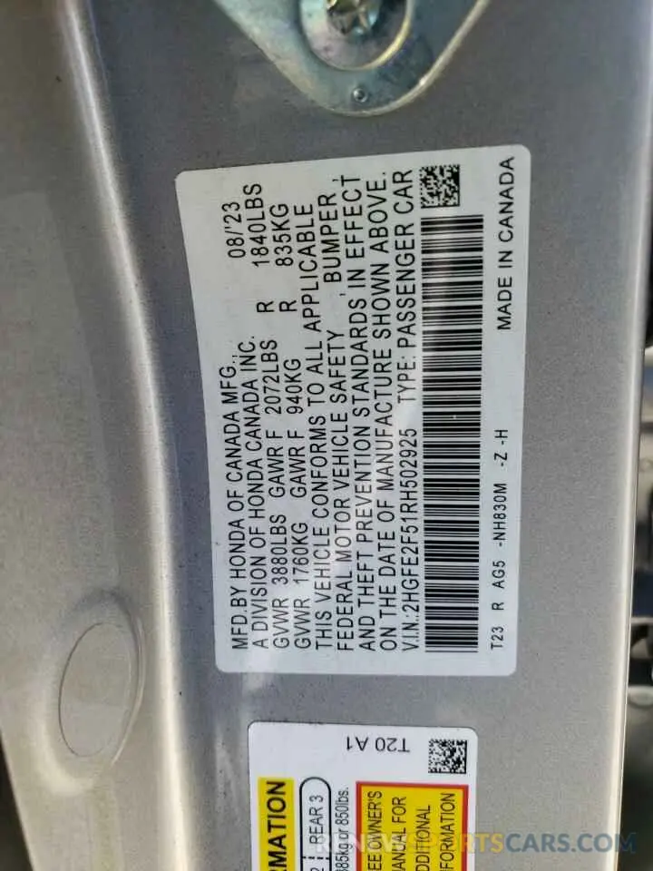 13 Photograph of a damaged car 2HGFE2F51RH502925 HONDA CIVIC 2024