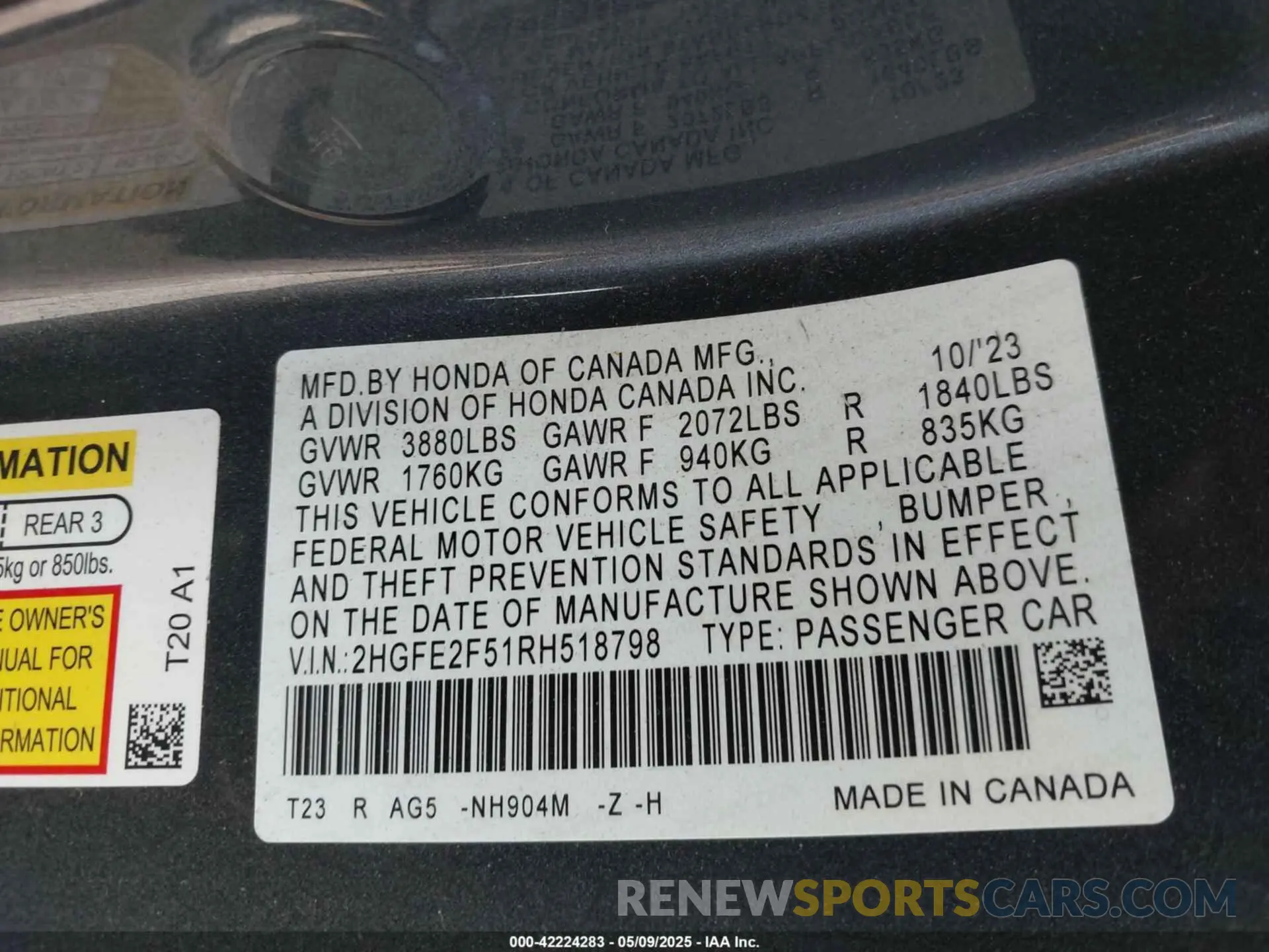 9 Photograph of a damaged car 2HGFE2F51RH518798 HONDA CIVIC 2024