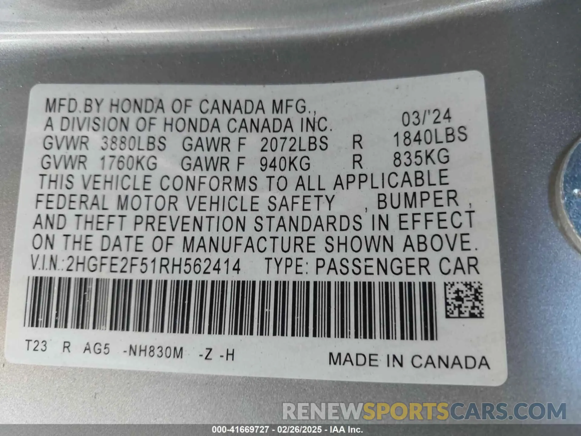 9 Photograph of a damaged car 2HGFE2F51RH562414 HONDA CIVIC 2024