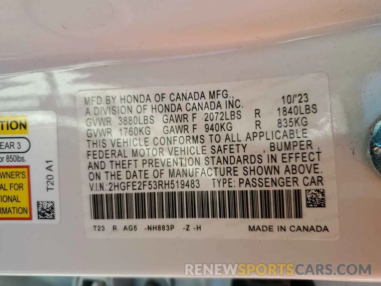14 Photograph of a damaged car 2HGFE2F53RH519483 HONDA CIVIC 2024